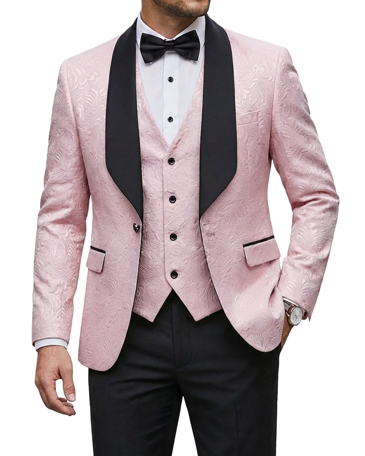 one-button jacquard tuxedo jacket, matching vest, and pants
