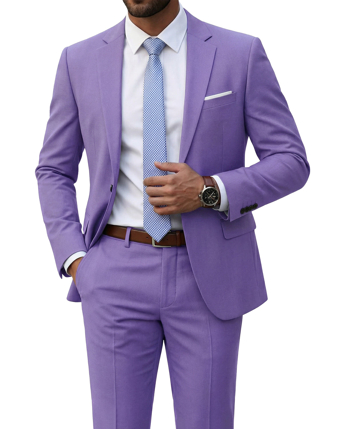 one-button suit jacket paired with a pair of pants