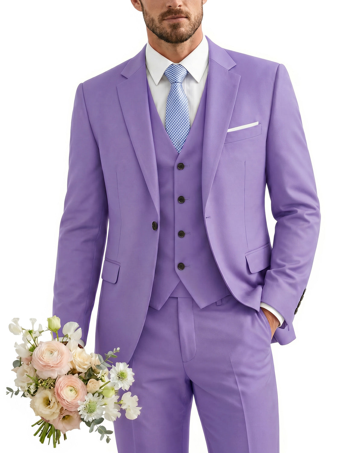one-button suit includes a jacket, vest, pants