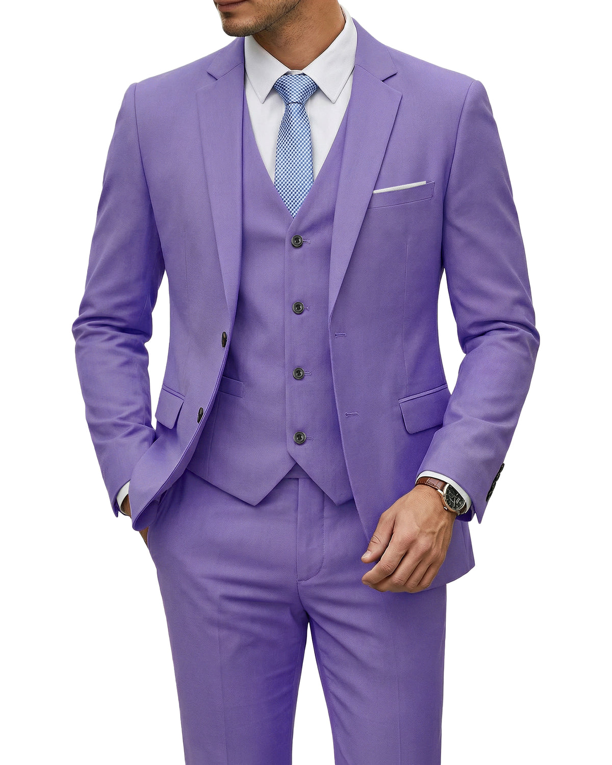 two-button suit jacket with a matching vest and pants