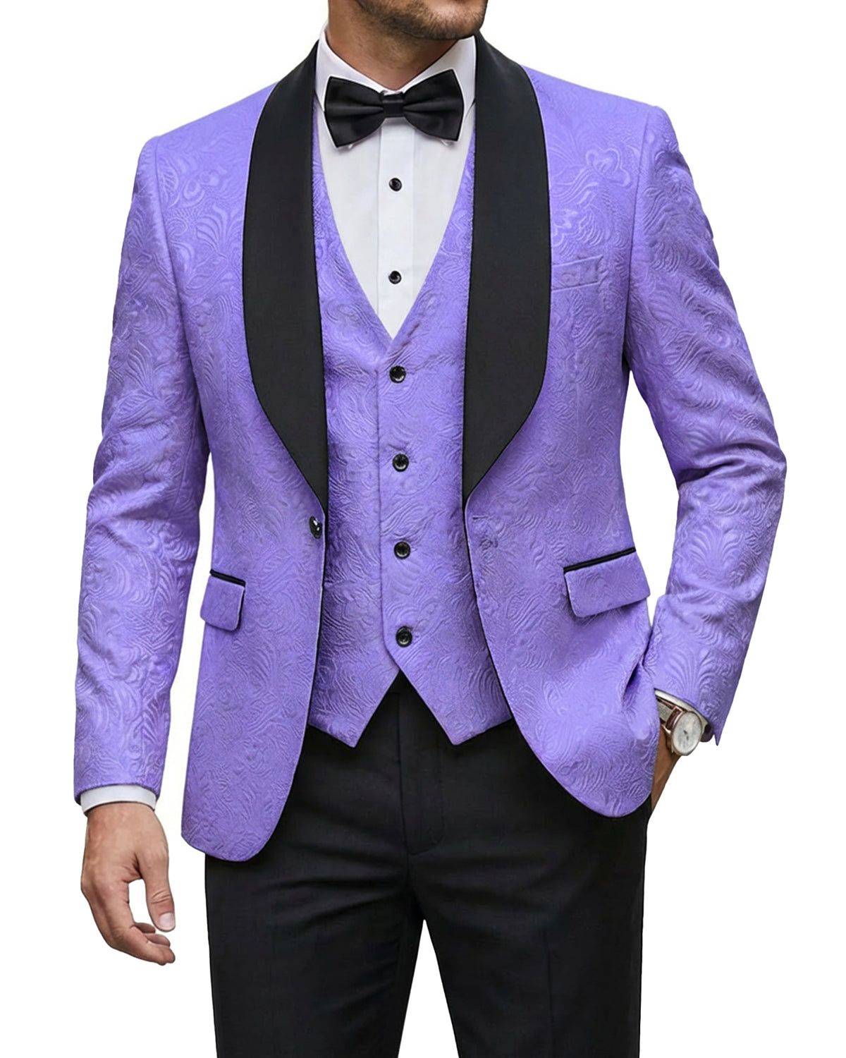 one-button jacquard tuxedo jacket, matching vest, and pants