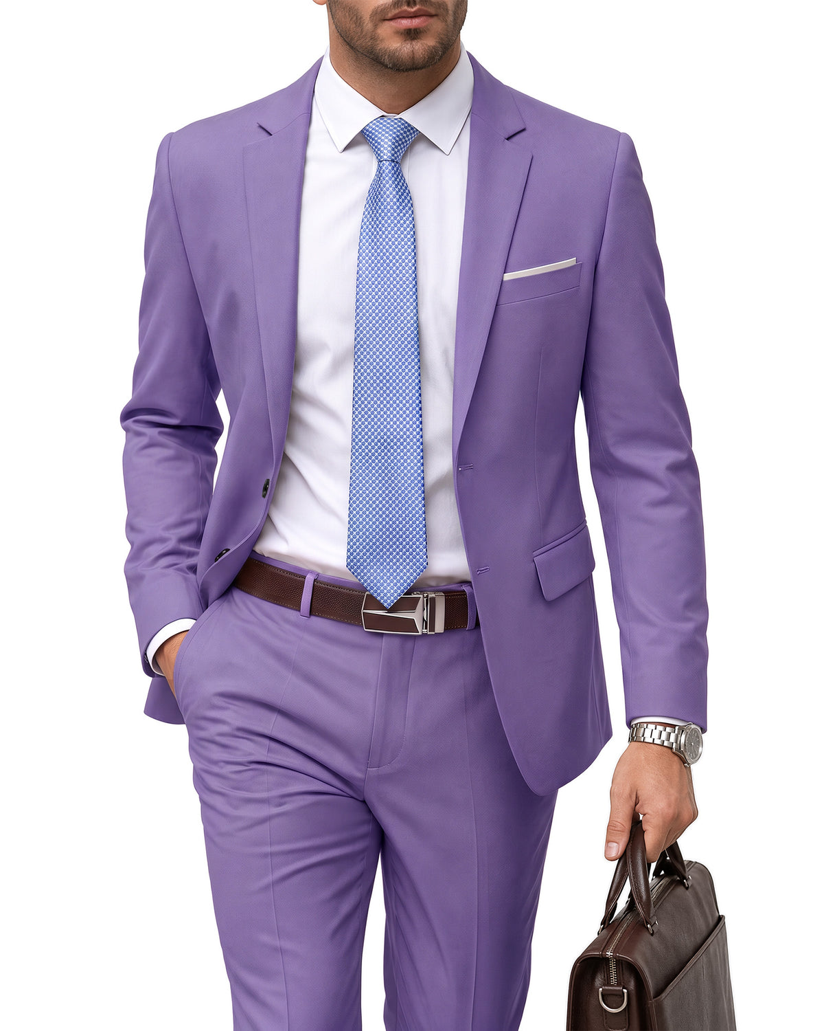 two-button suit jacket paired with a pair of pants
