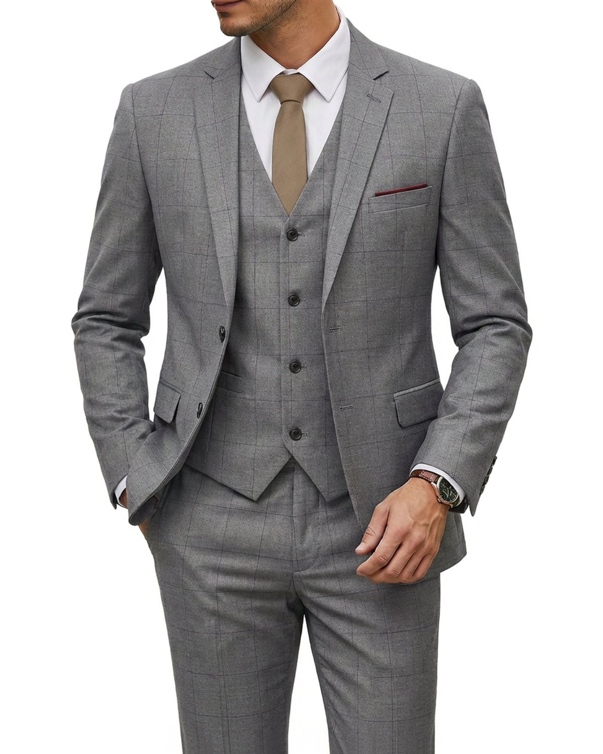 two-button suit jacket with a matching vest and pants