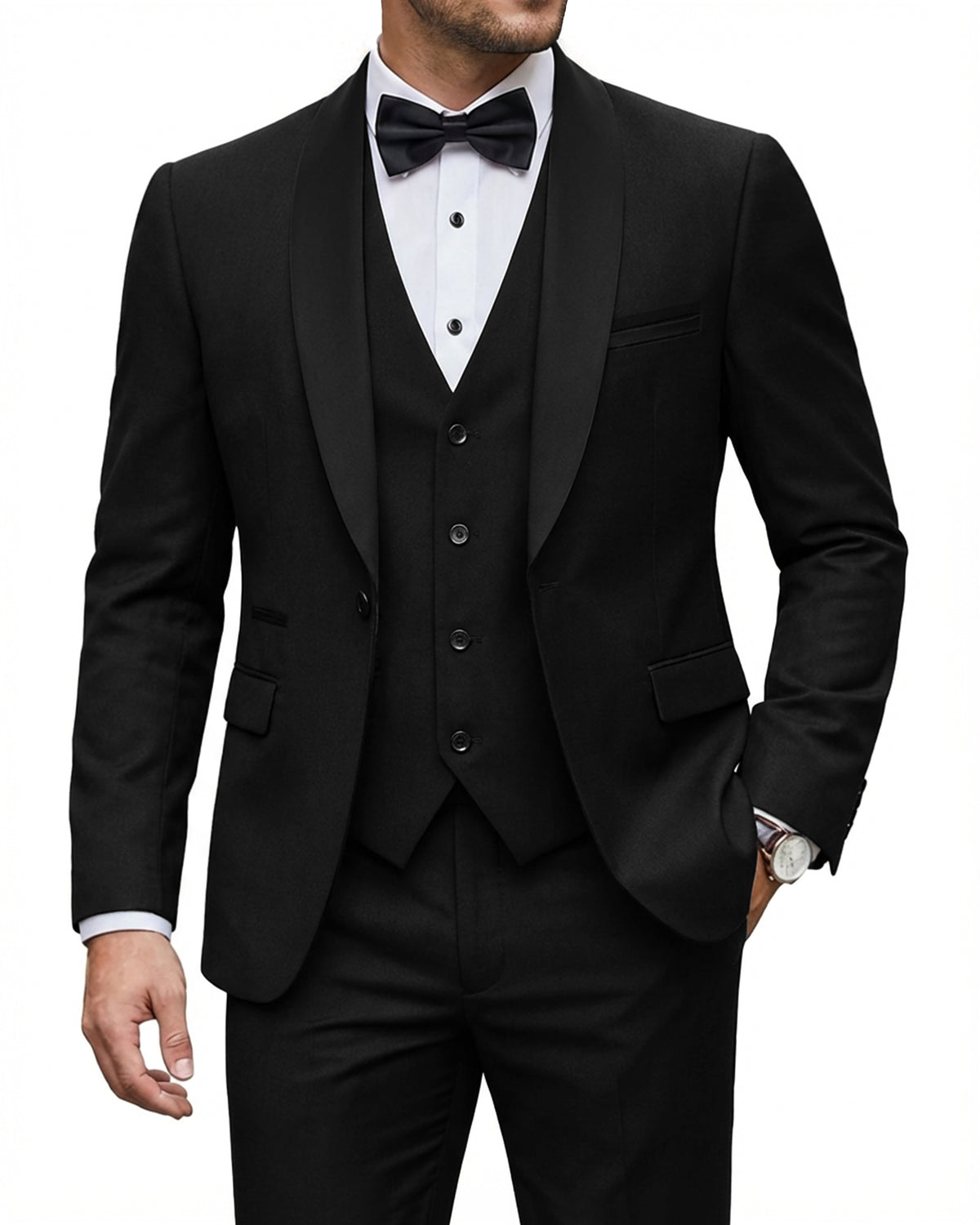 one-button jacket, matching vest, and pants.