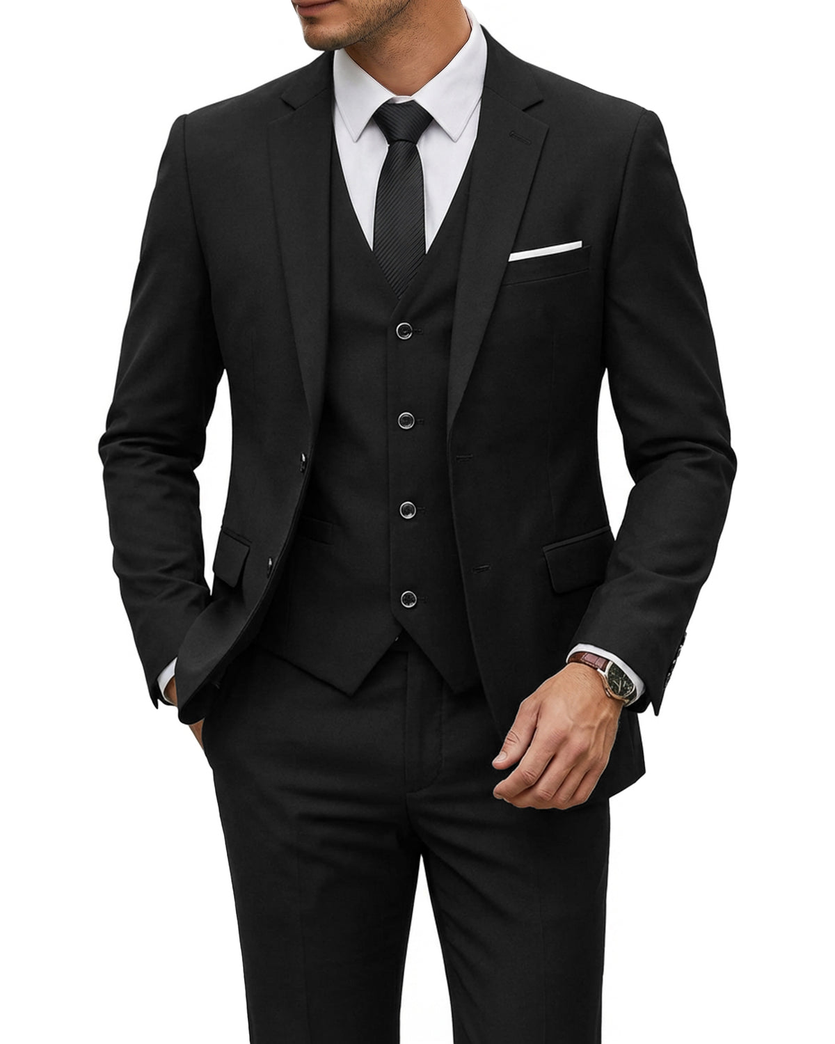two-button suit jacket with a matching vest and pants