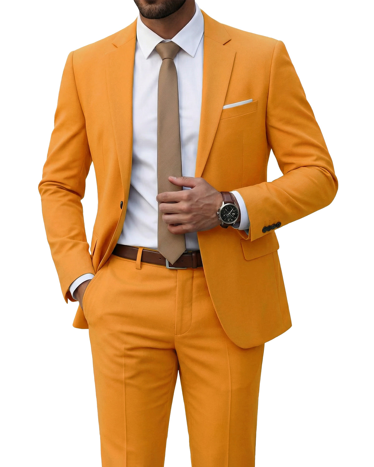 one-button suit jacket paired with a pair of pants