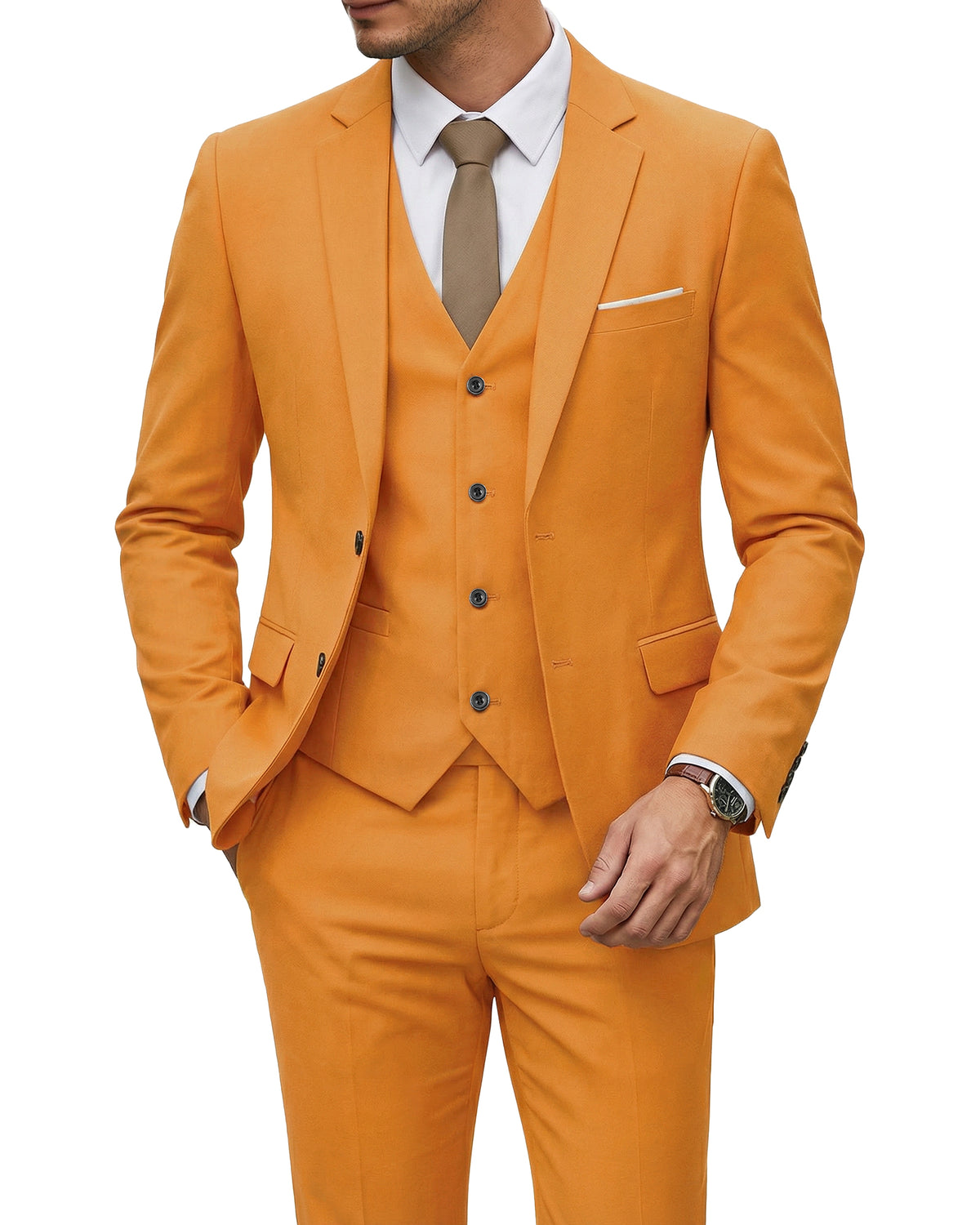 two-button suit jacket with a matching vest and pants