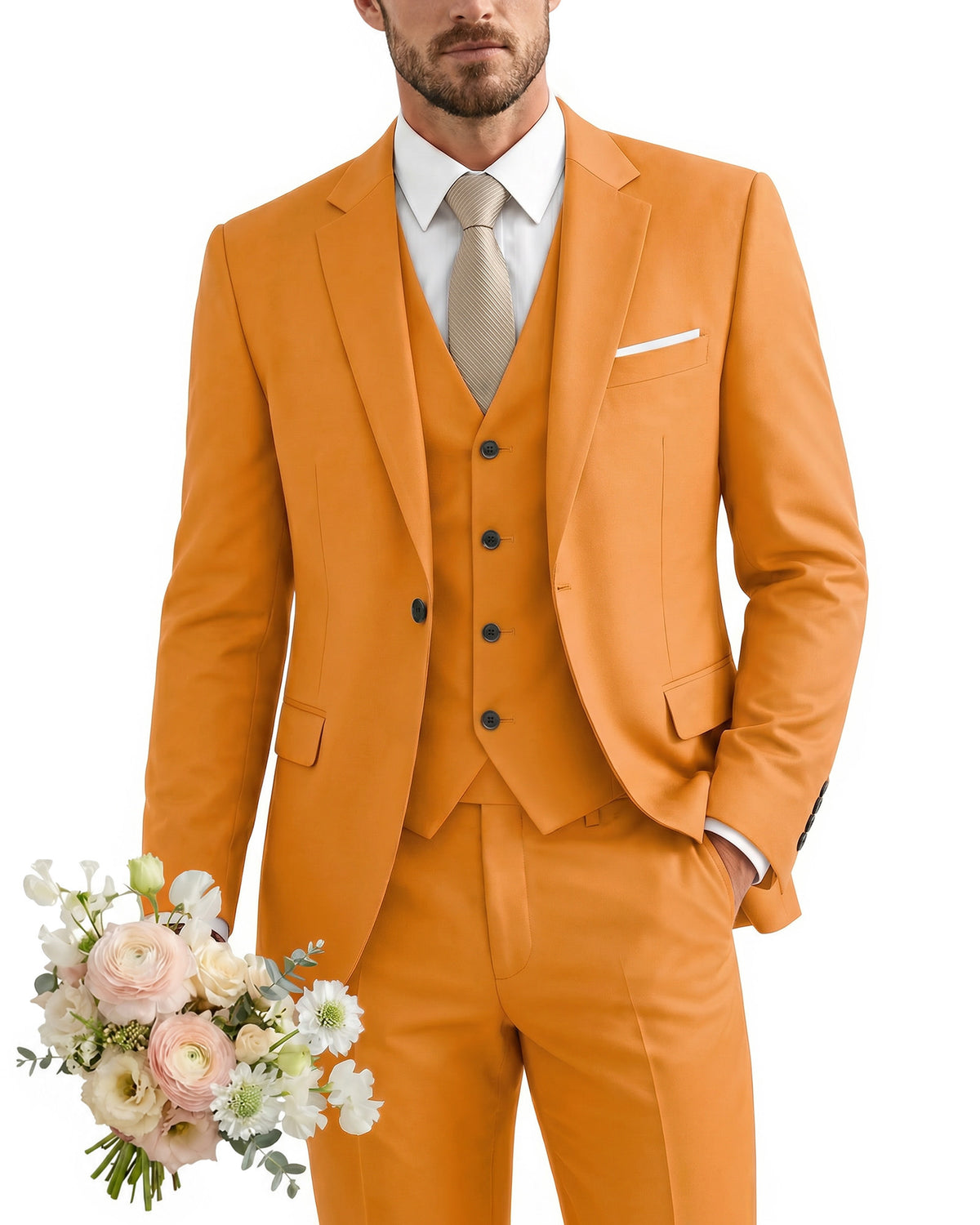 one-button suit includes a jacket, vest, pants