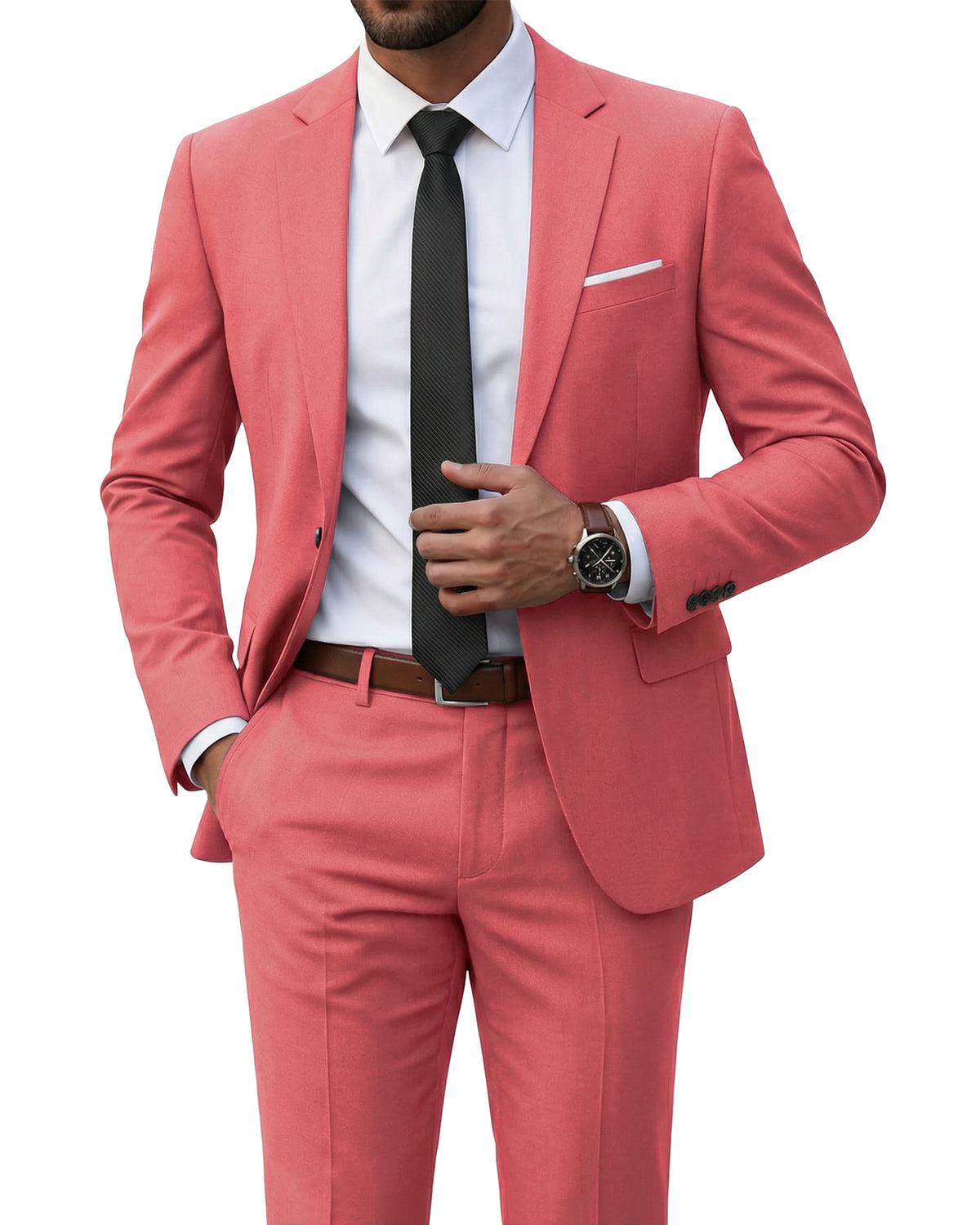 one-button suit jacket paired with a pair of pants