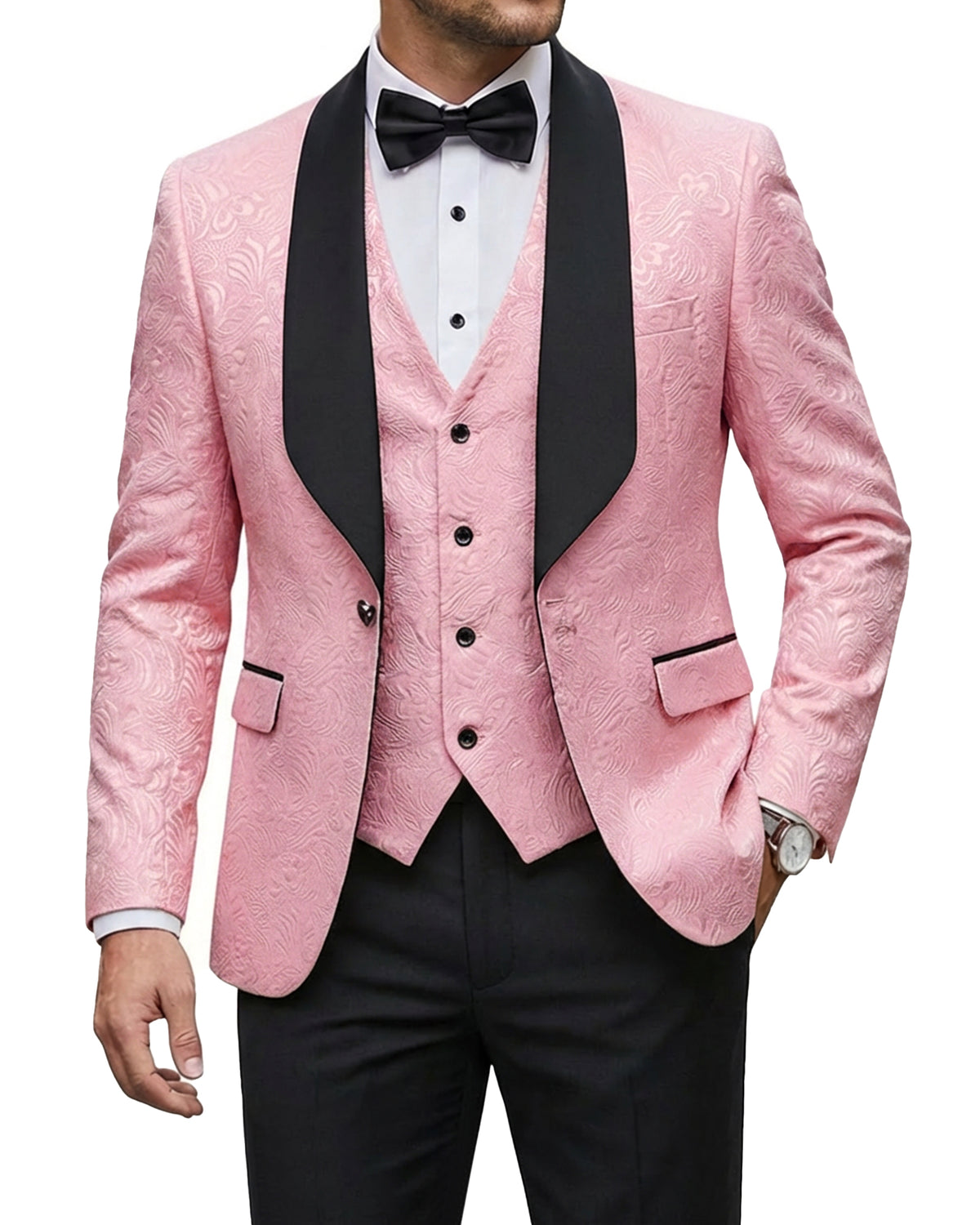 one-button jacquard tuxedo jacket, matching vest, and pants