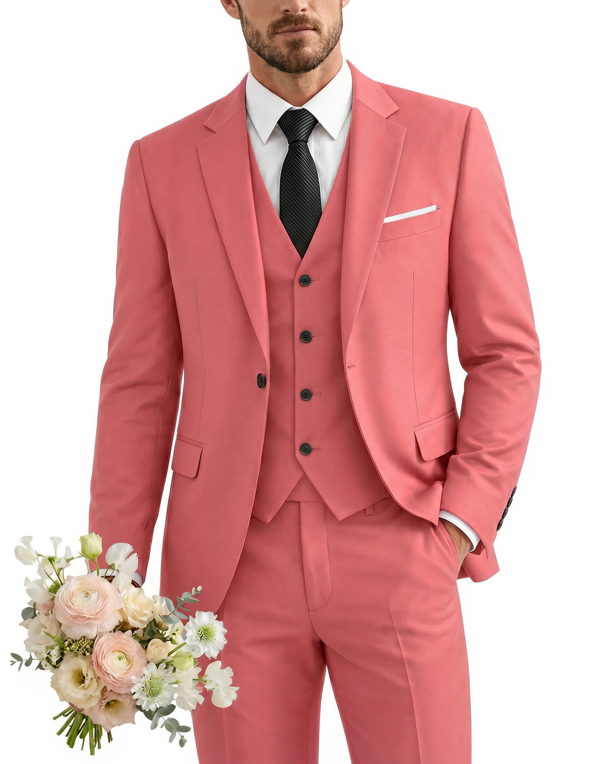 one-button suit includes a jacket, vest, pants