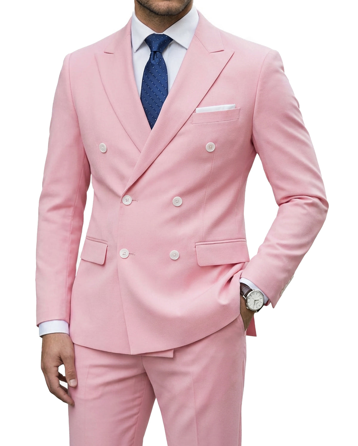 double-breasted suit jacket paired with a pair of pants