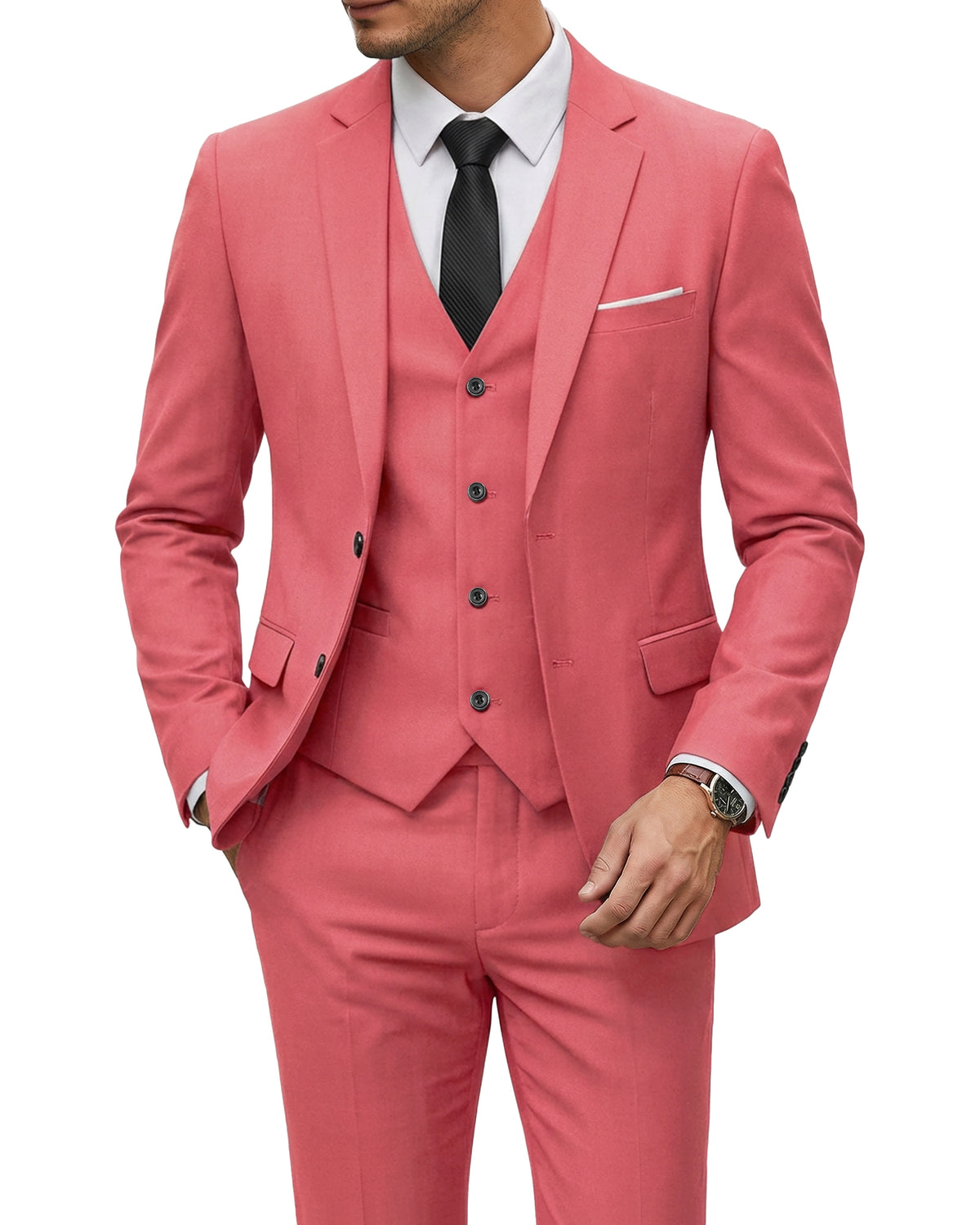 two-button suit jacket with a matching vest and pants