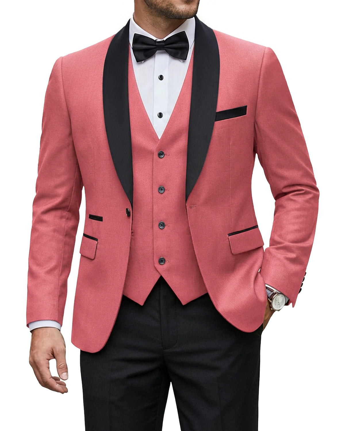 one-button jacket, matching vest, and pants.