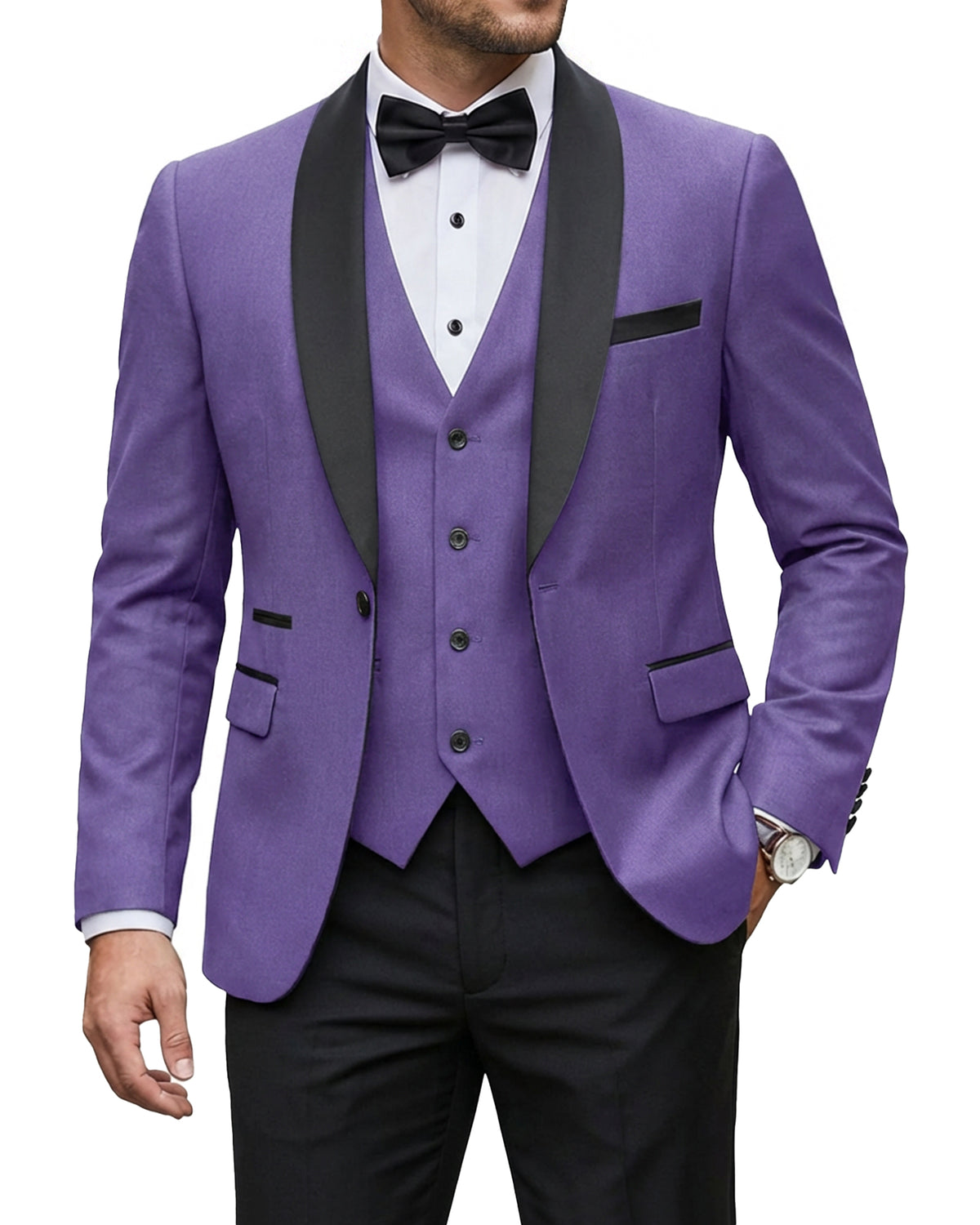 one-button jacket, matching vest, and pants.