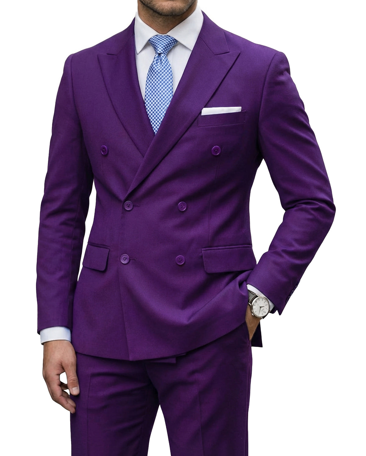 double-breasted suit jacket paired with a pair of pants