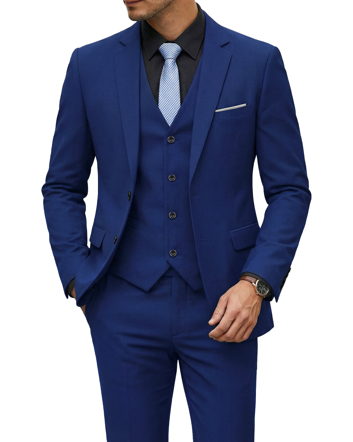 two-button suit jacket with a matching vest and pants