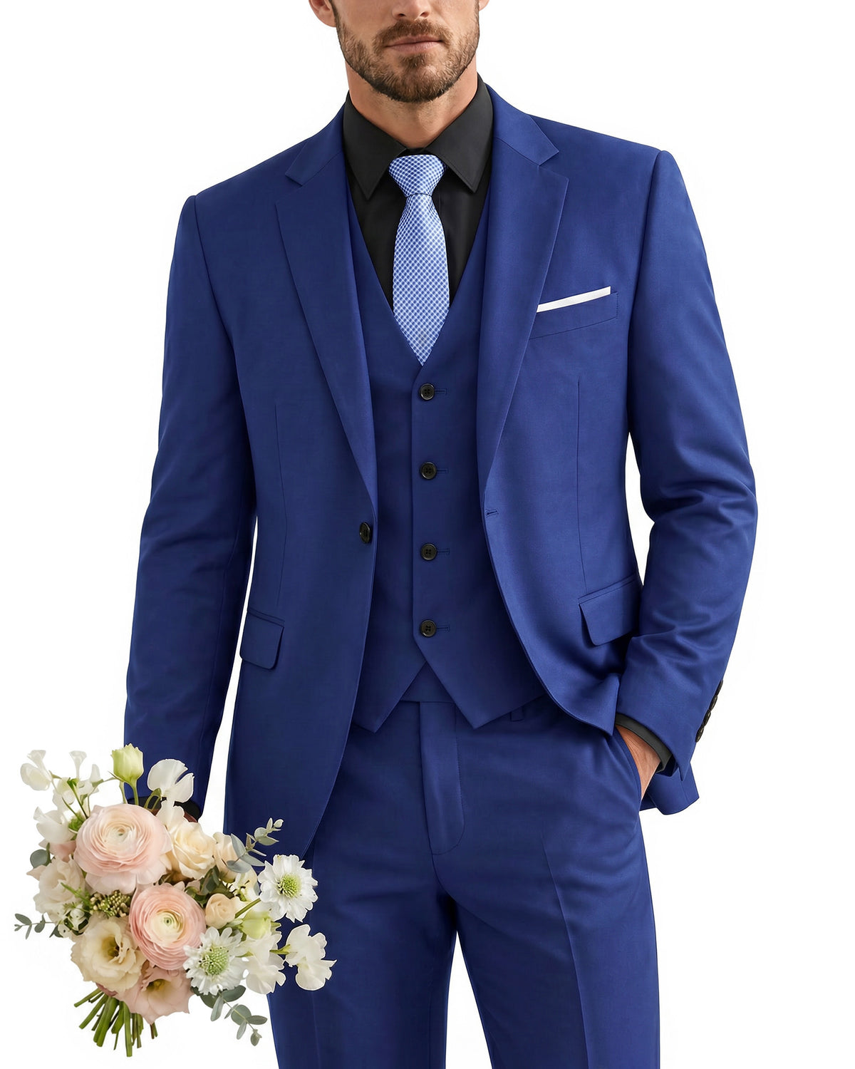 one-button suit includes a jacket, vest, pants