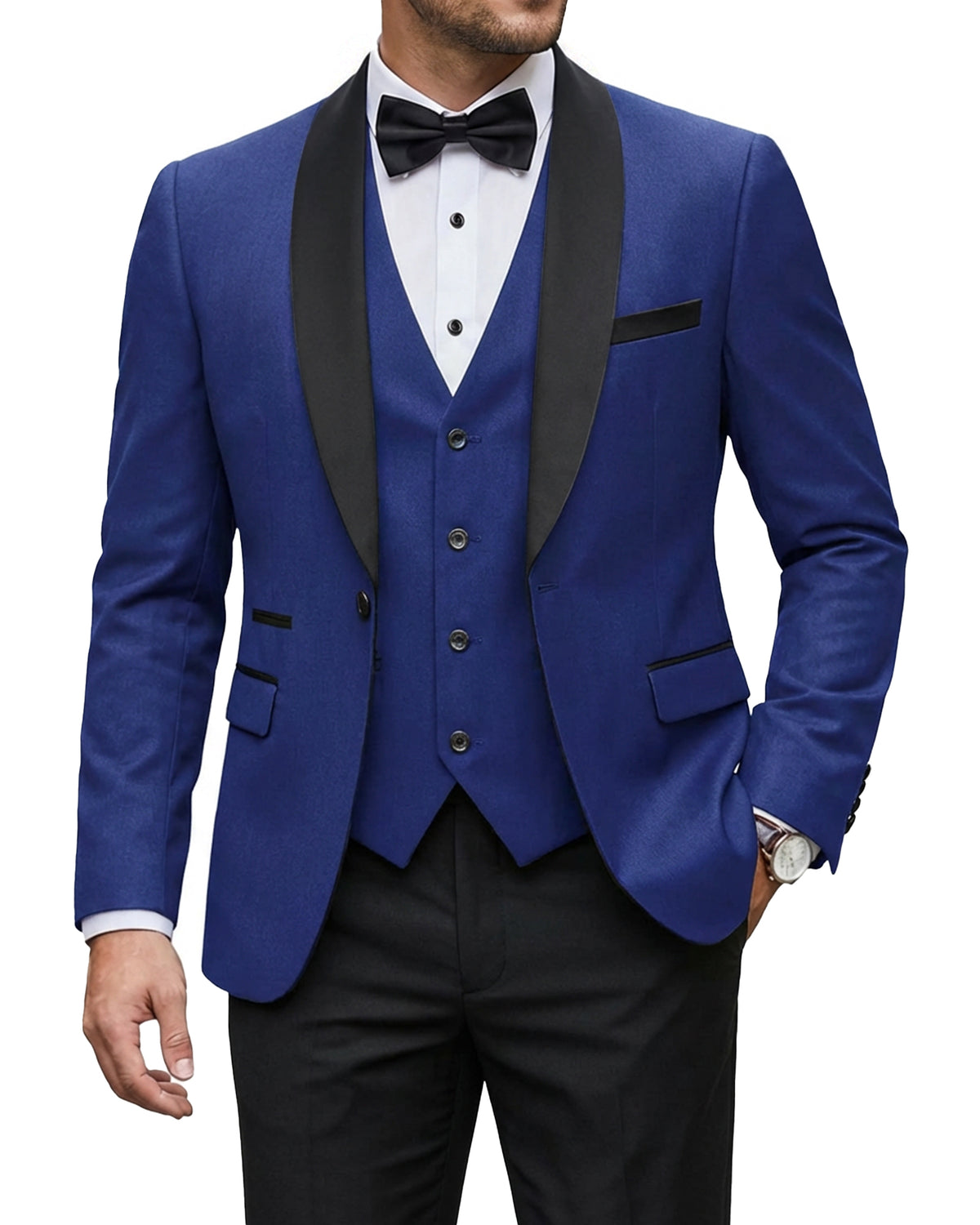 one-button jacket, matching vest, and pants.