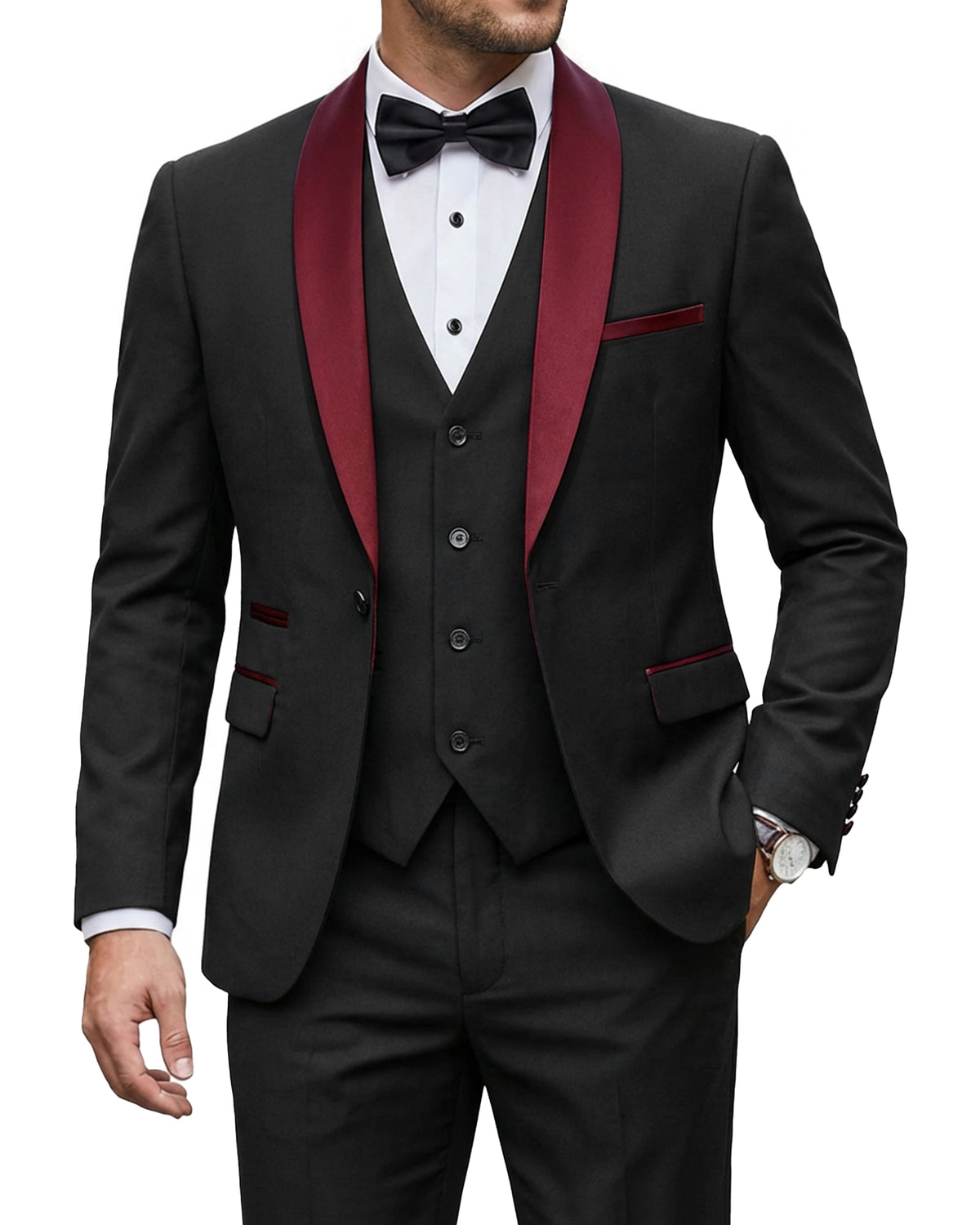 one-button jacket, matching vest, and pants.