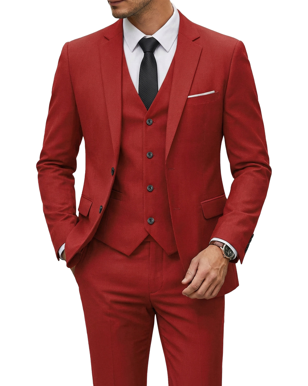 two-button suit jacket with a matching vest and pants