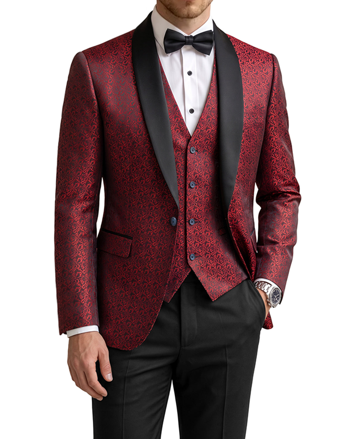 one-button jacket, matching vest, and pants