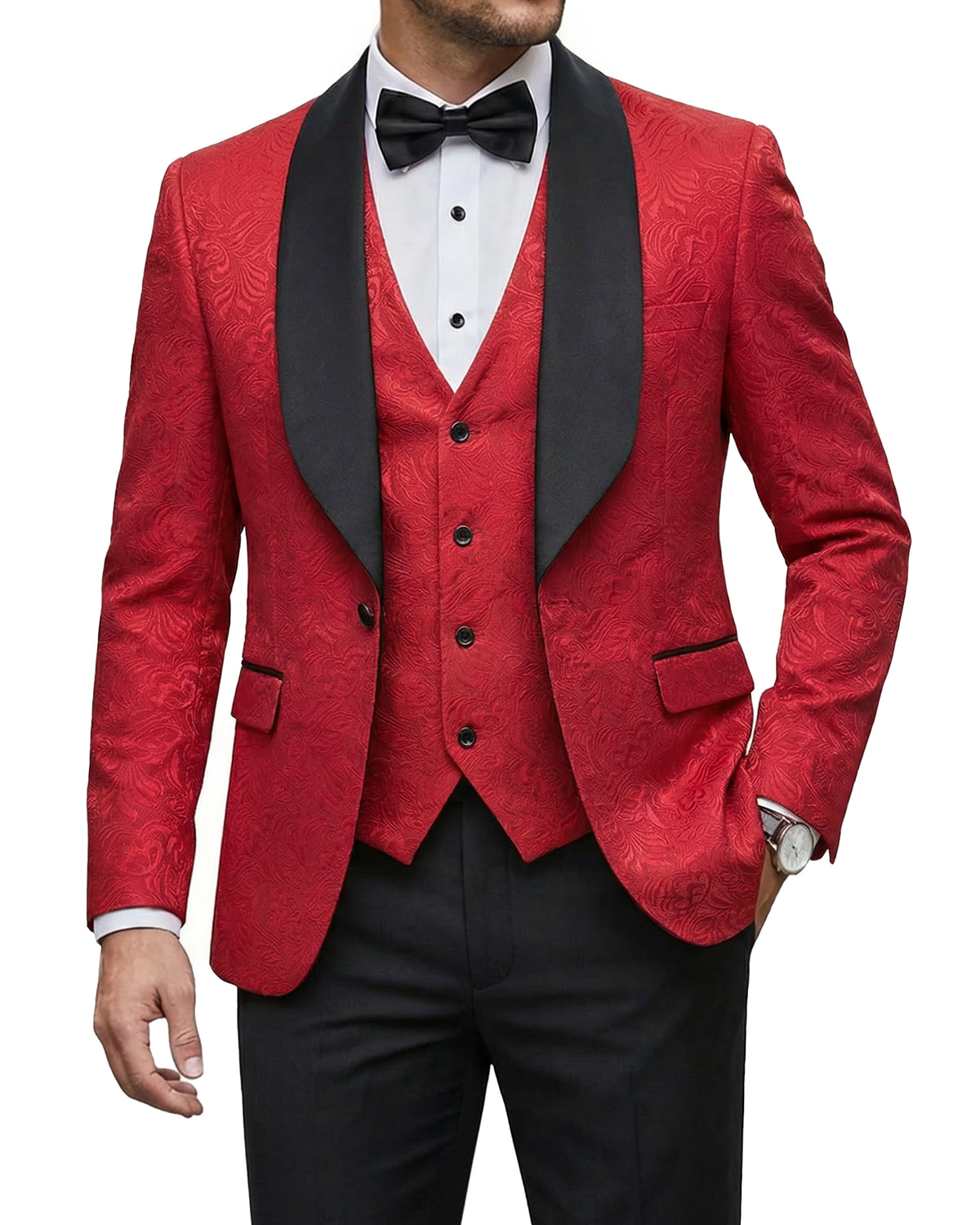 one-button jacquard tuxedo jacket, matching vest, and pants