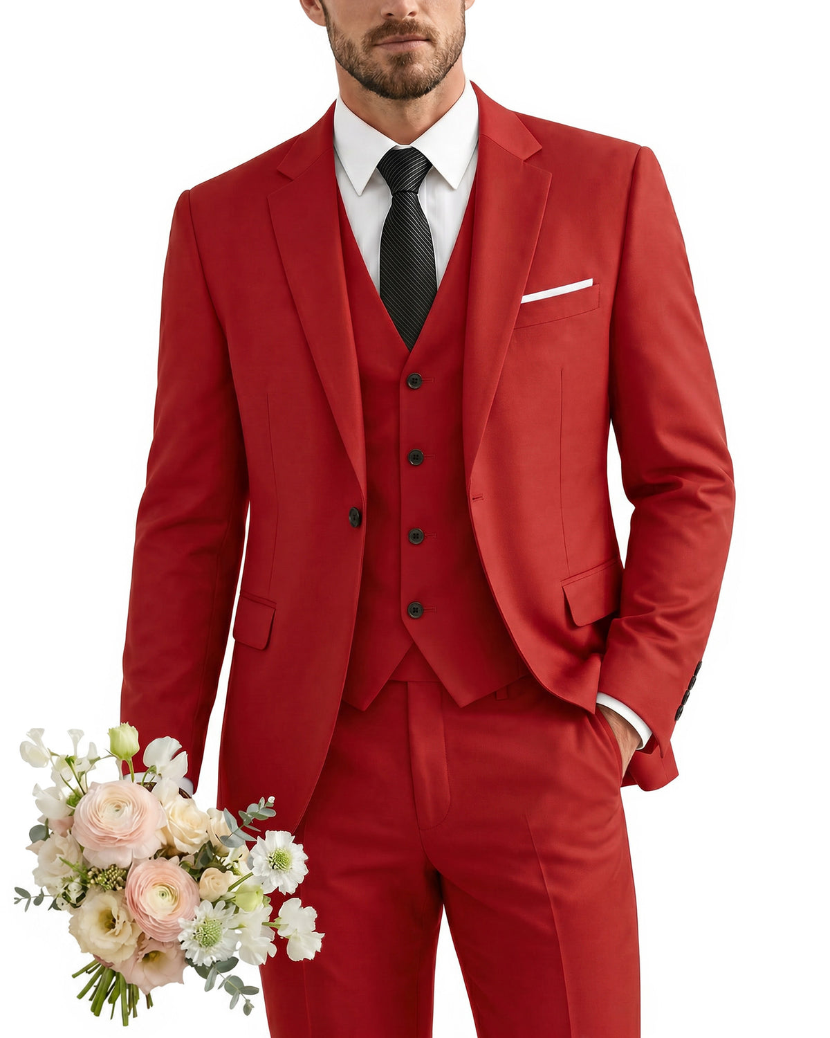 one-button suit includes a jacket, vest, pants