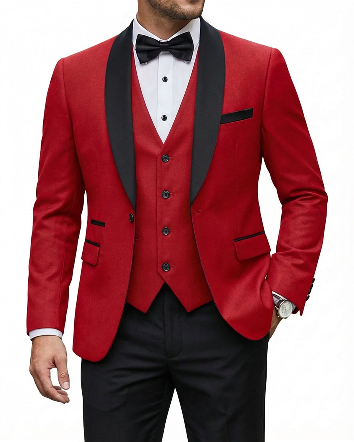 one-button jacket, matching vest, and pants.