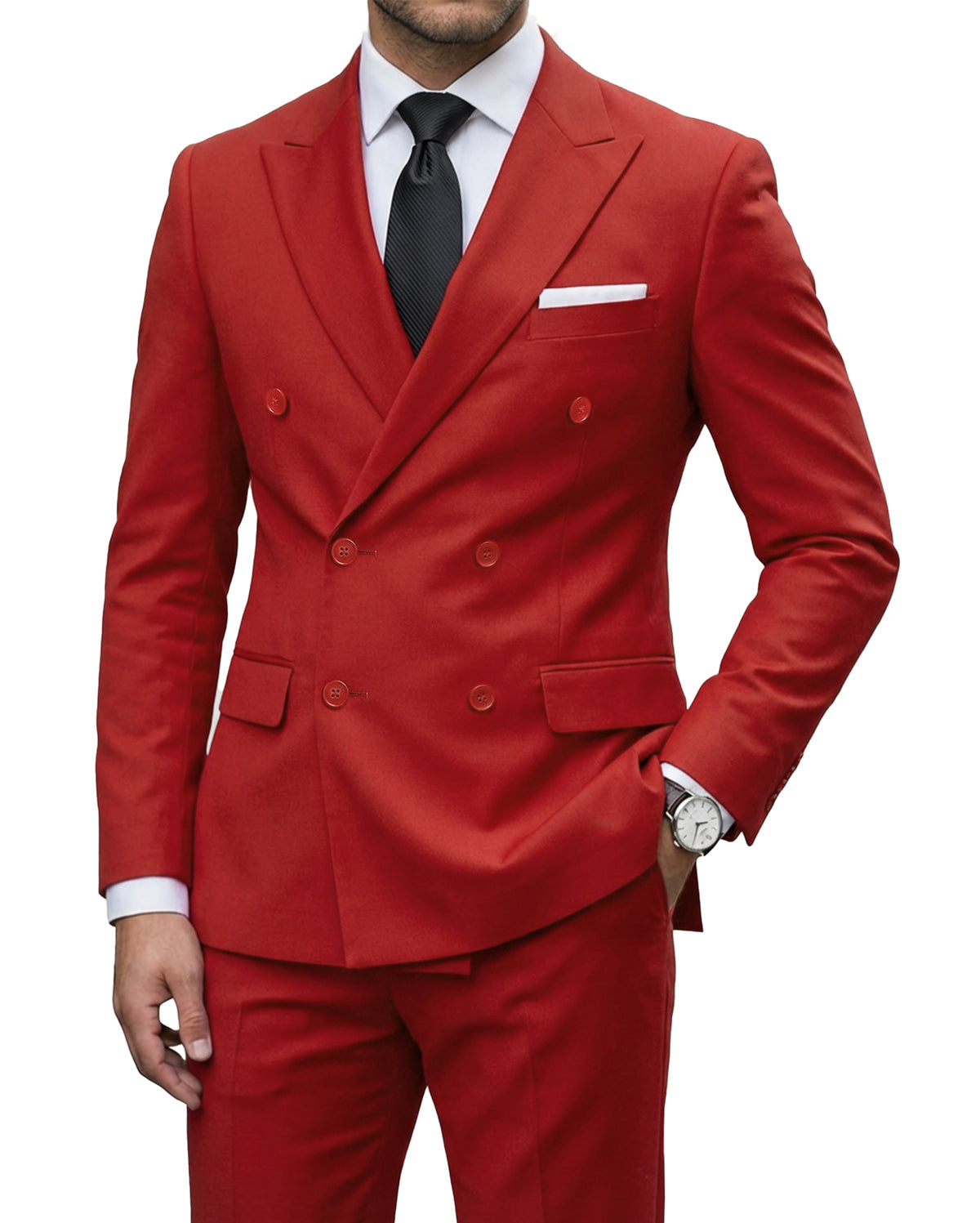 double-breasted suit jacket paired with a pair of pants