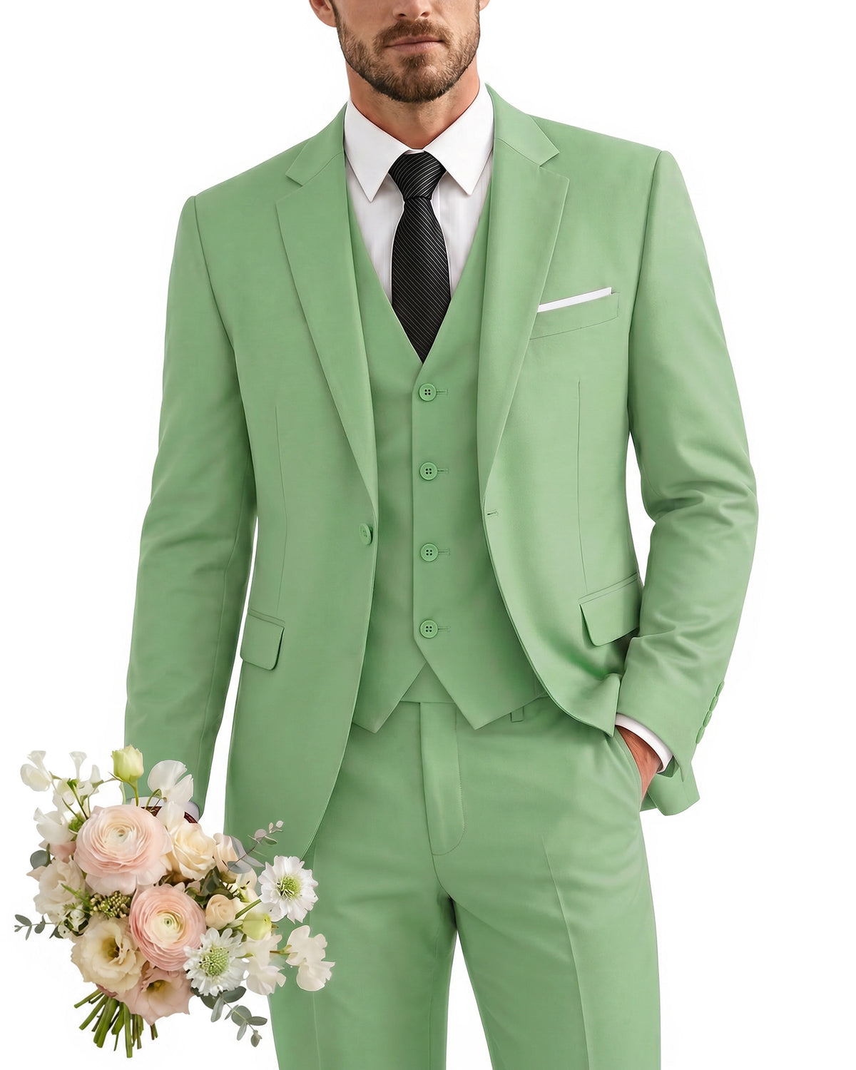 one-button suit includes a jacket, vest, pants
