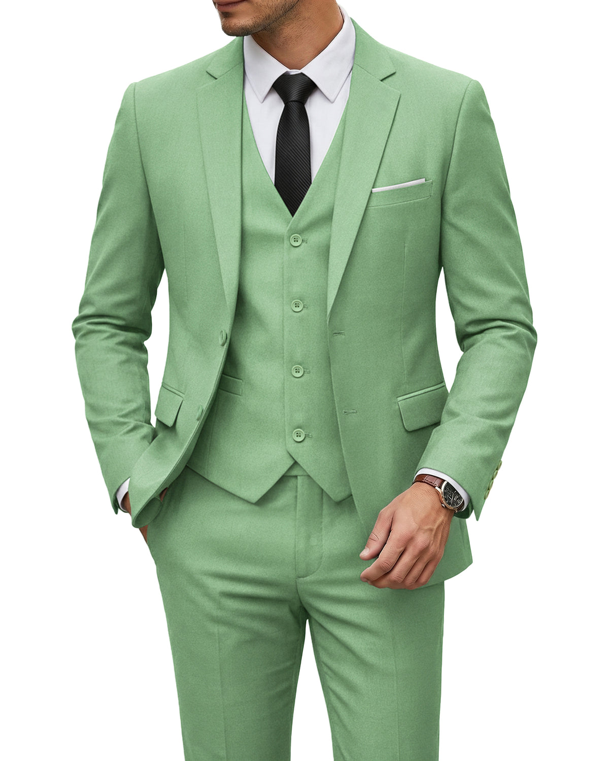 two-button suit jacket with a matching vest and pants