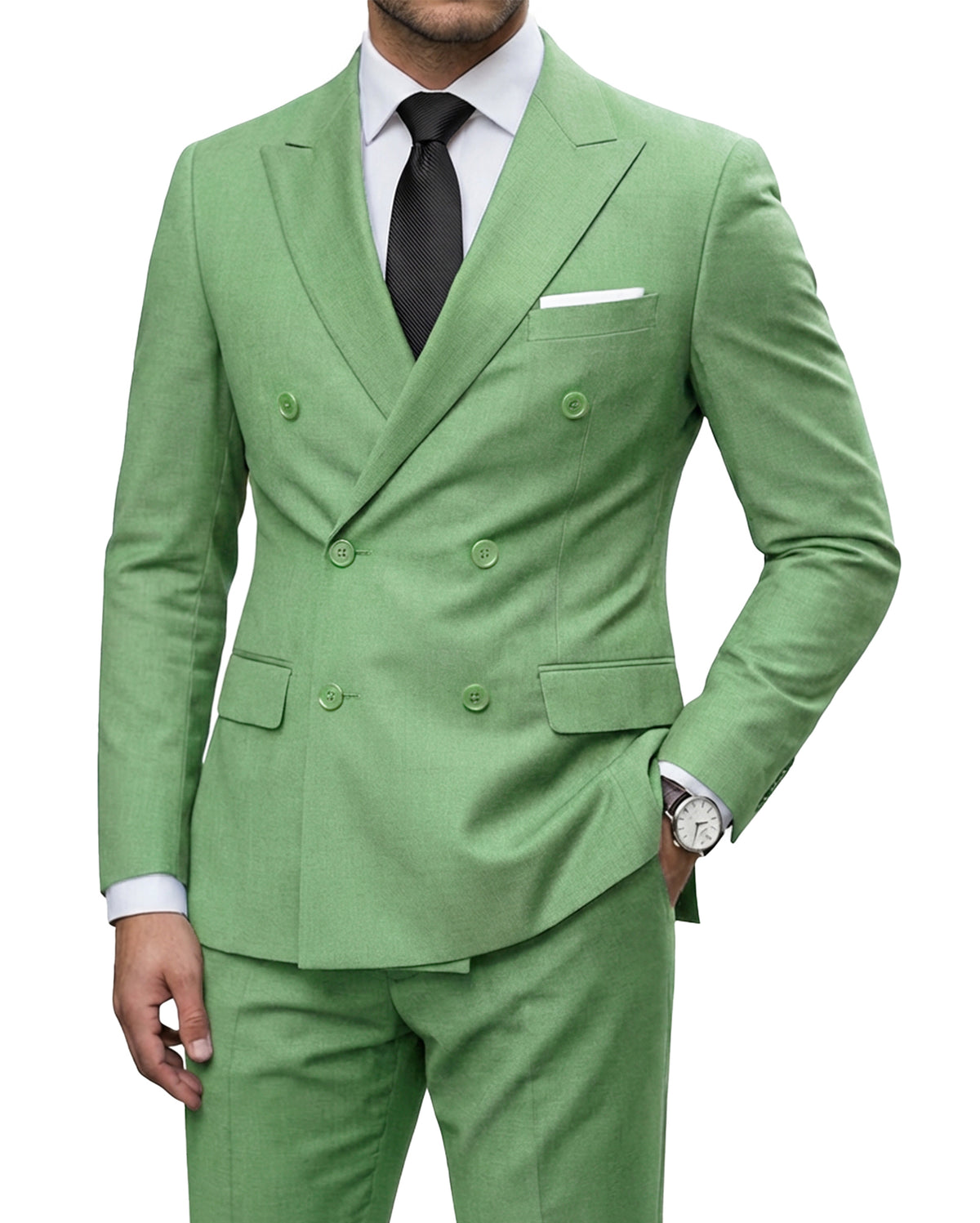double-breasted suit jacket paired with a pair of pants