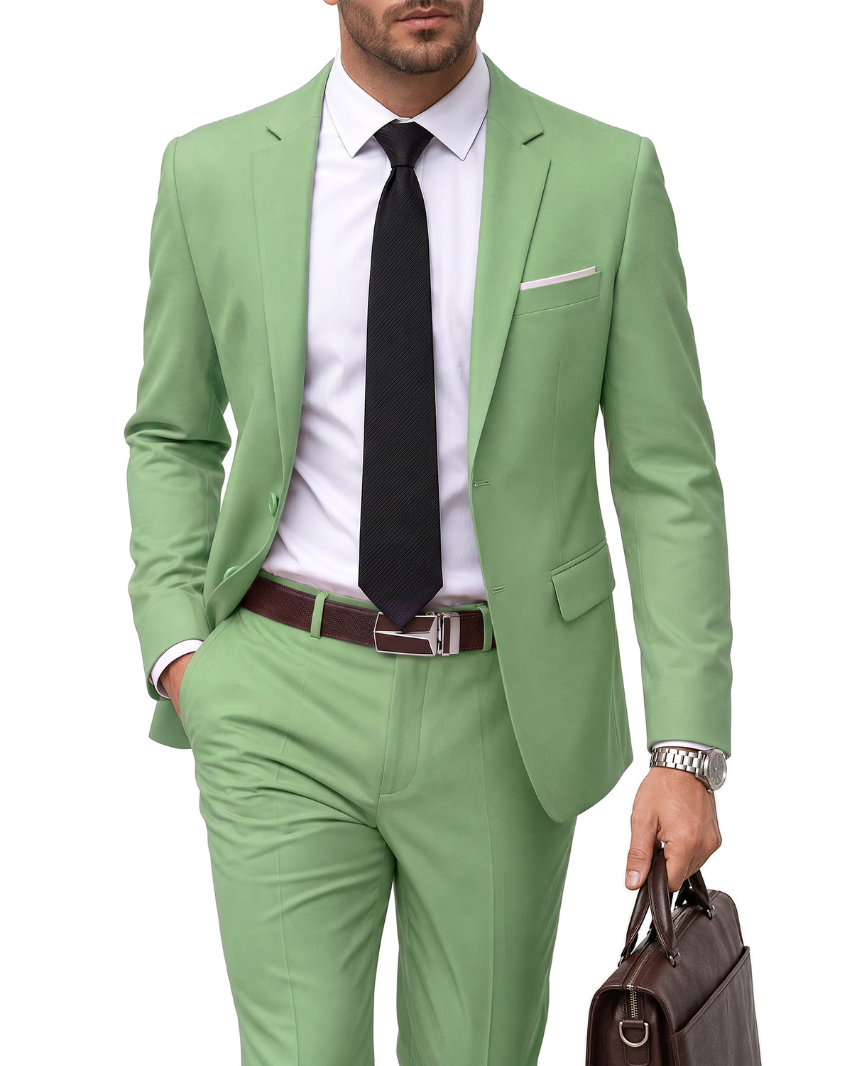 two-button suit jacket paired with a pair of pants