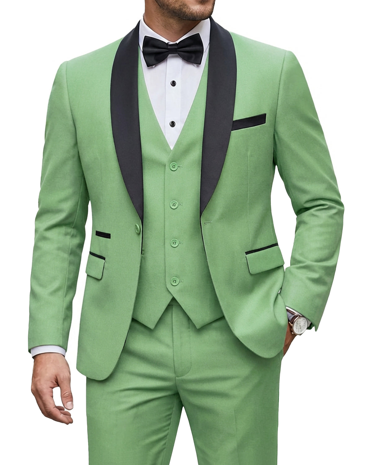 one-button jacket, matching vest, and pants.