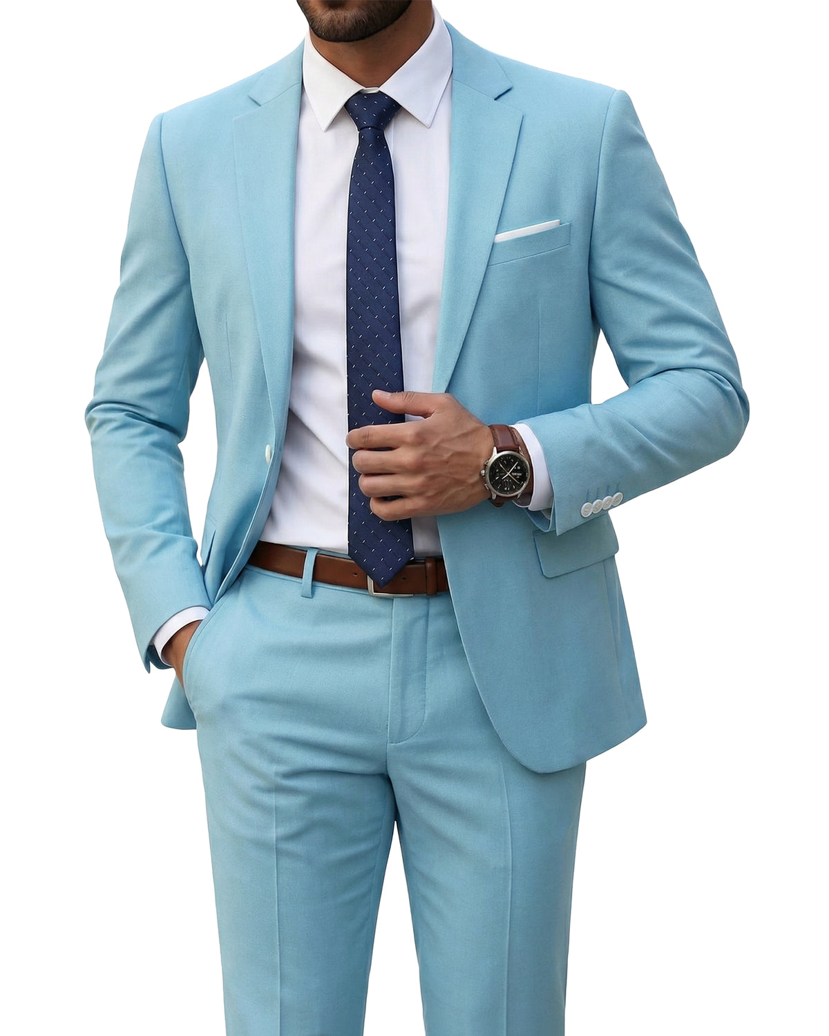 one-button suit jacket paired with a pair of pants