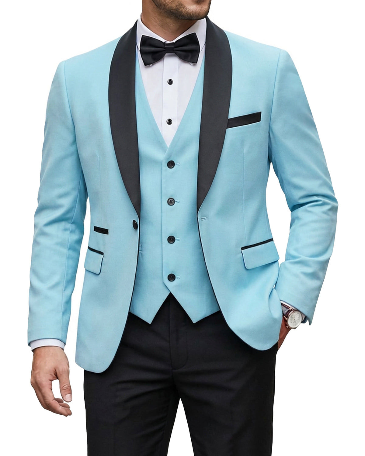 one-button jacket, matching vest, and pants.