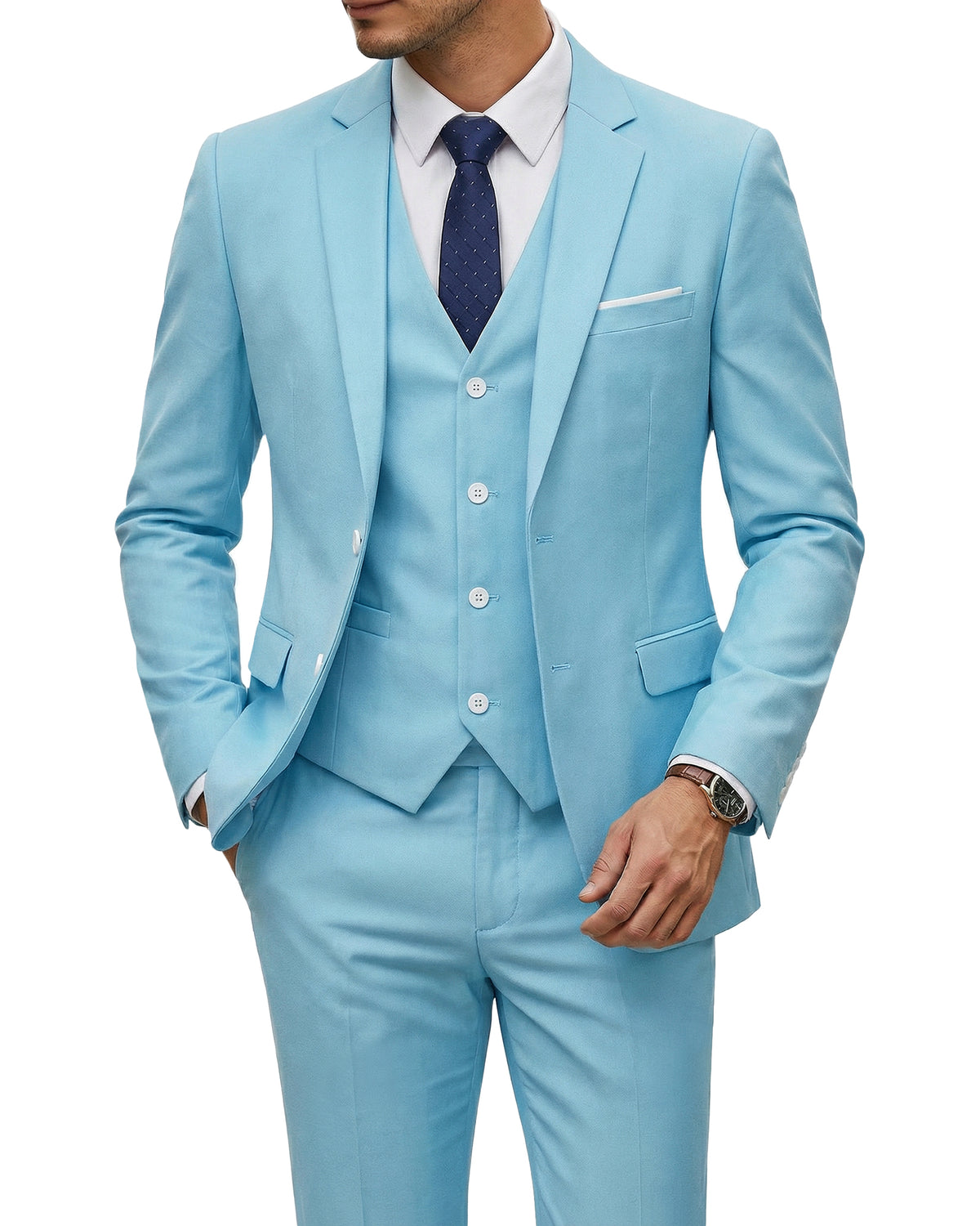 two-button suit jacket with a matching vest and pants