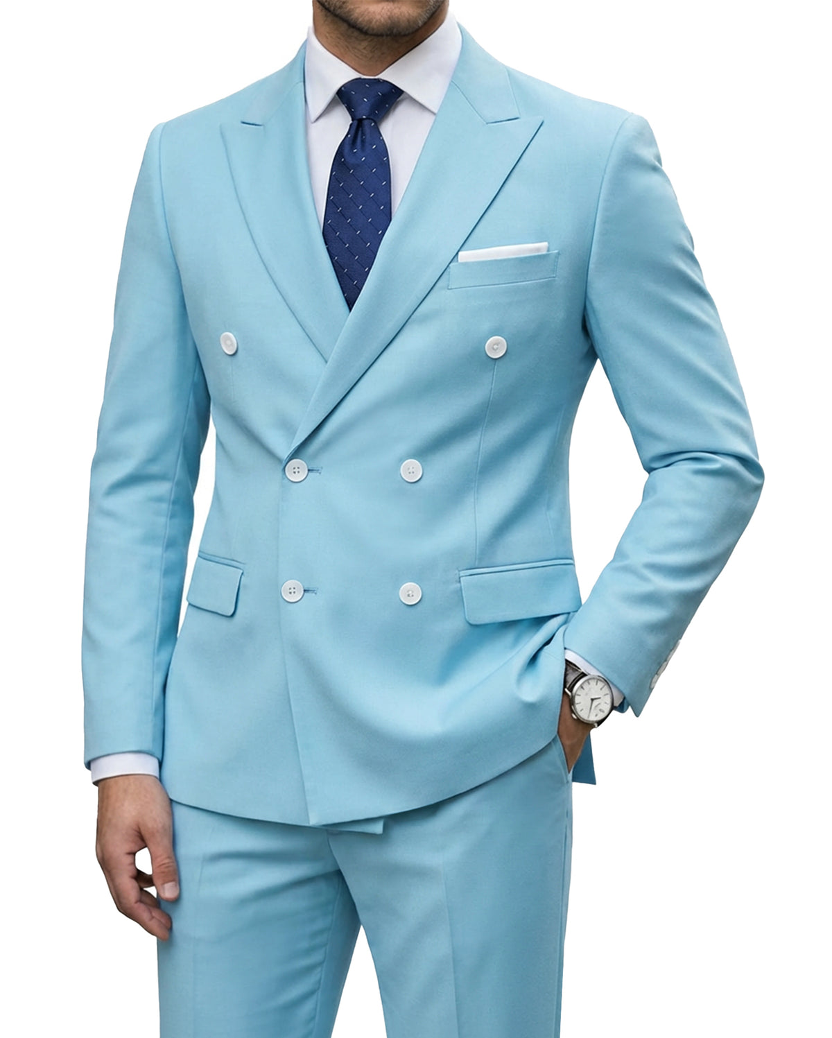 double-breasted suit jacket paired with a pair of pants