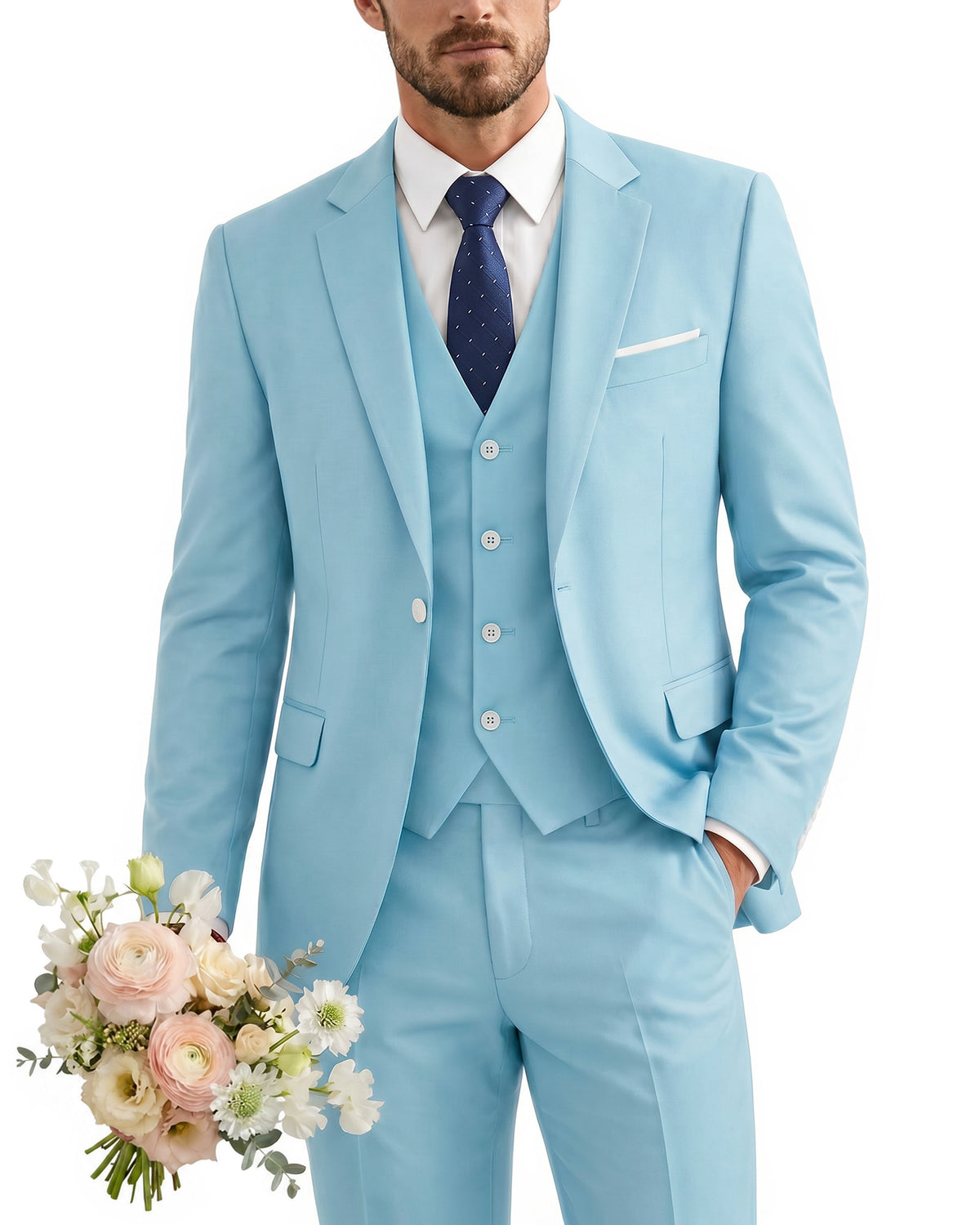 one-button suit includes a jacket, vest, pants