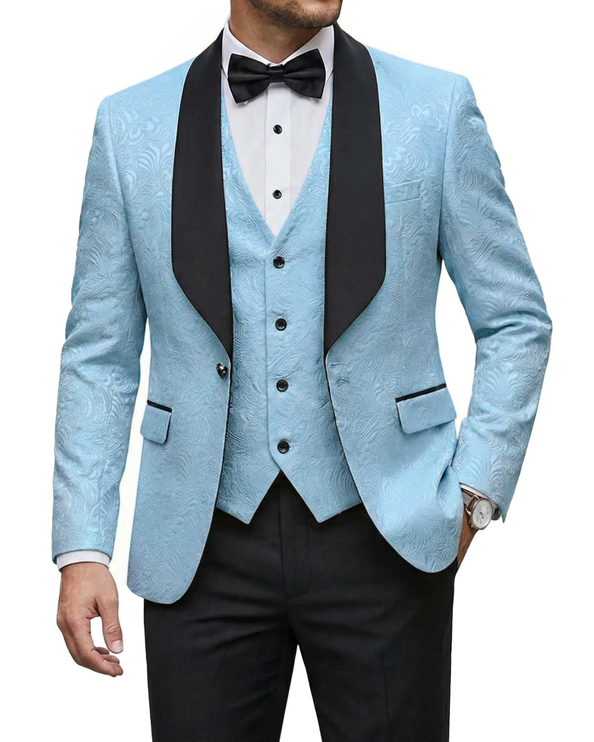 one-button jacquard tuxedo jacket, matching vest, and pants