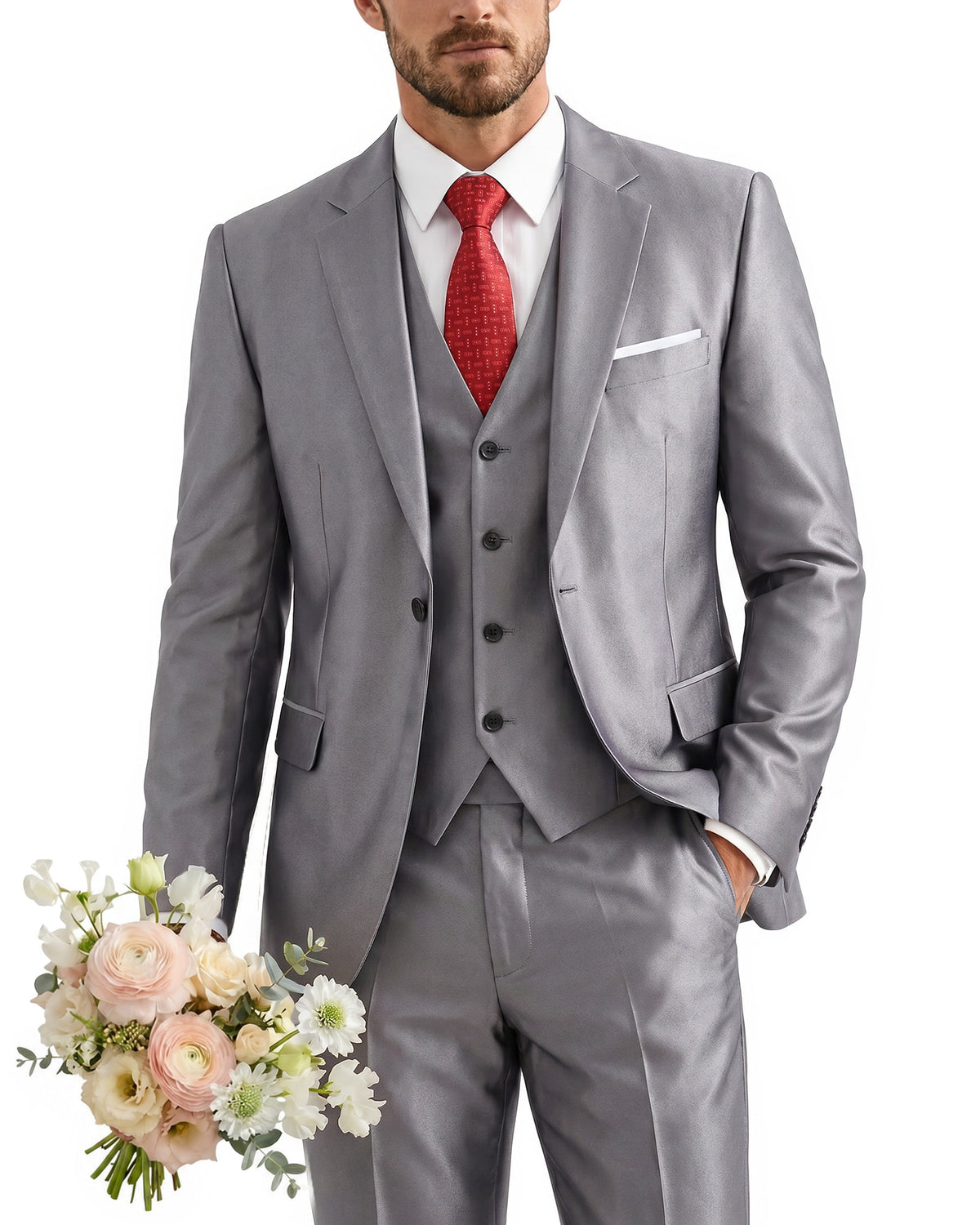 one-button suit includes a jacket, vest, pants