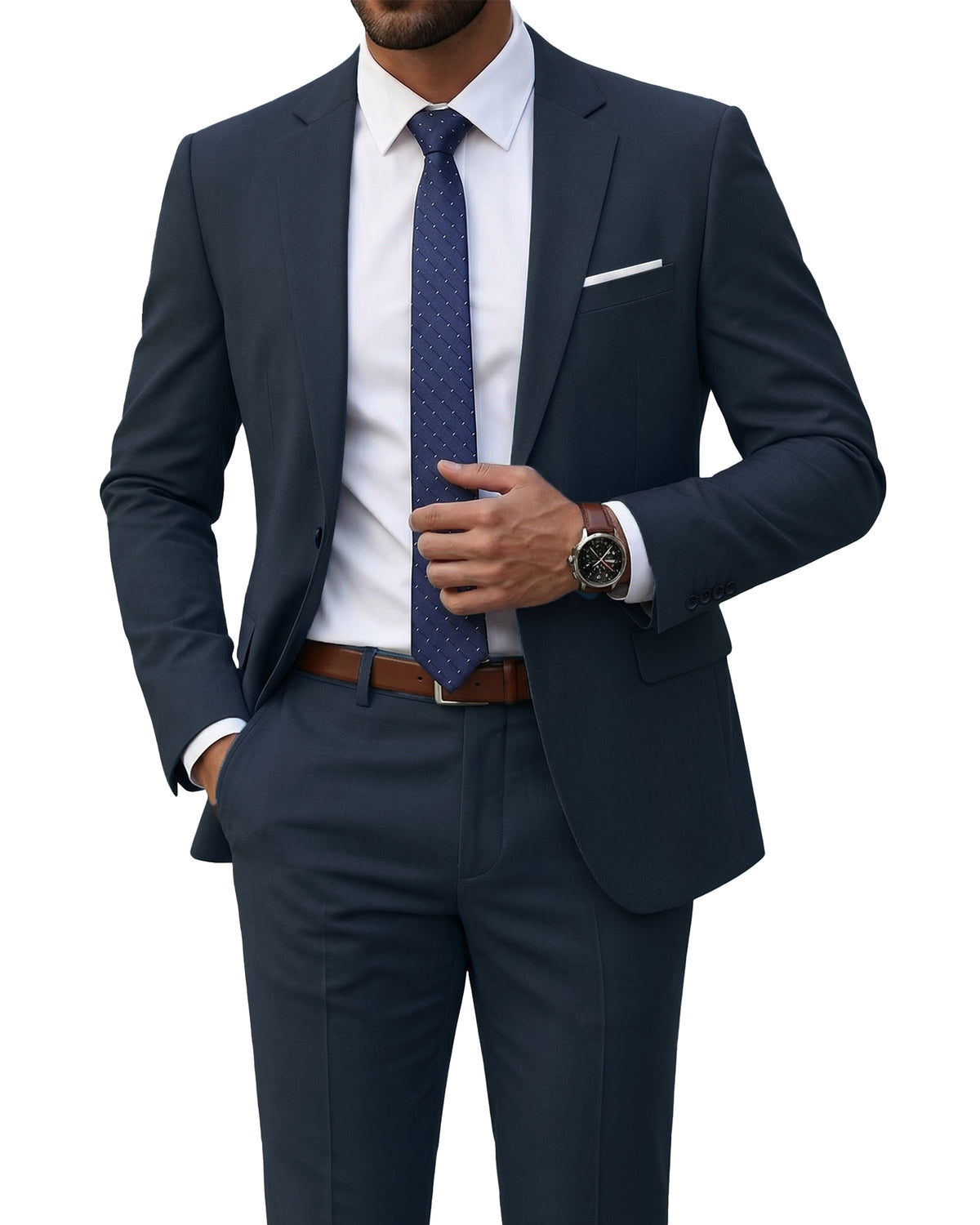 one-button suit jacket paired with a pair of pants