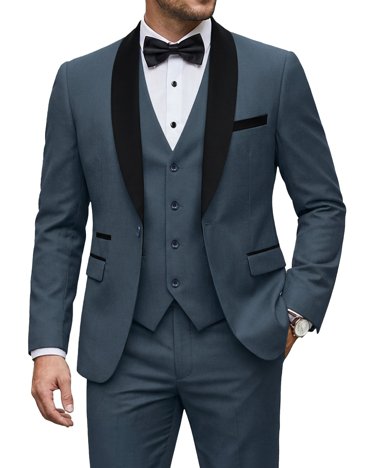 one-button jacket, matching vest, and pants.