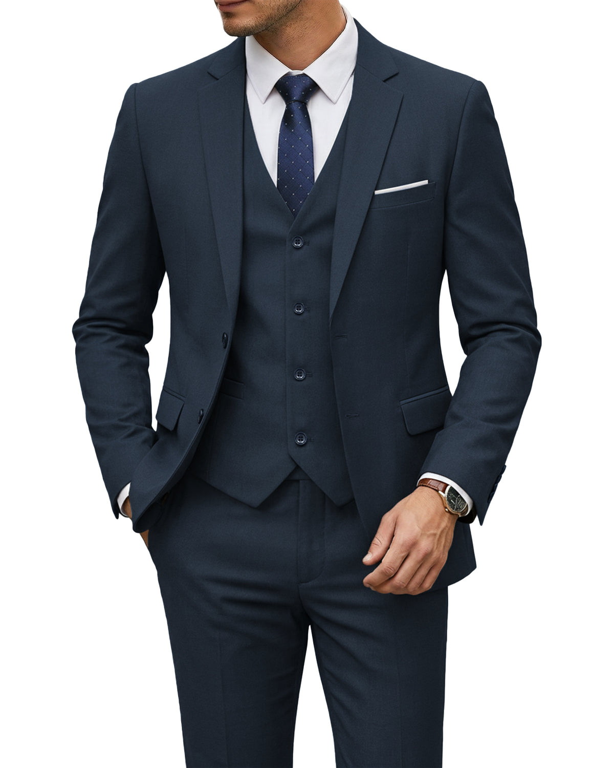 two-button suit jacket with a matching vest and pants