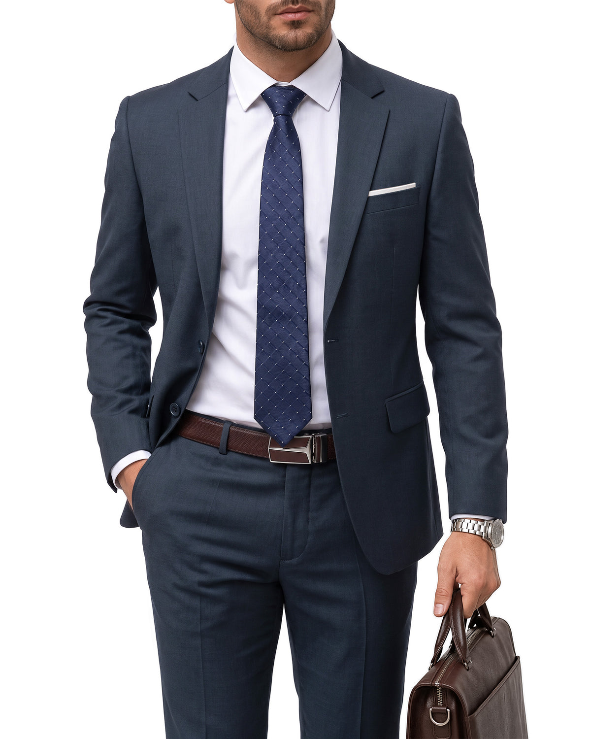 two-button suit jacket paired with a pair of pants