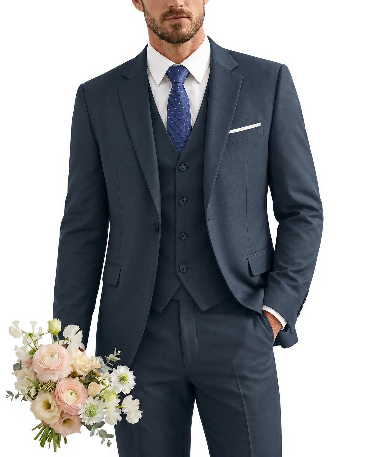 one-button suit includes a jacket, vest, pants