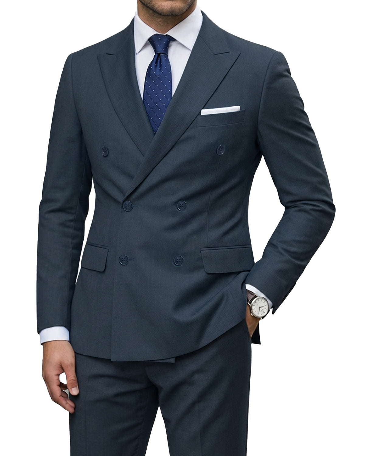 double-breasted suit jacket paired with a pair of pants