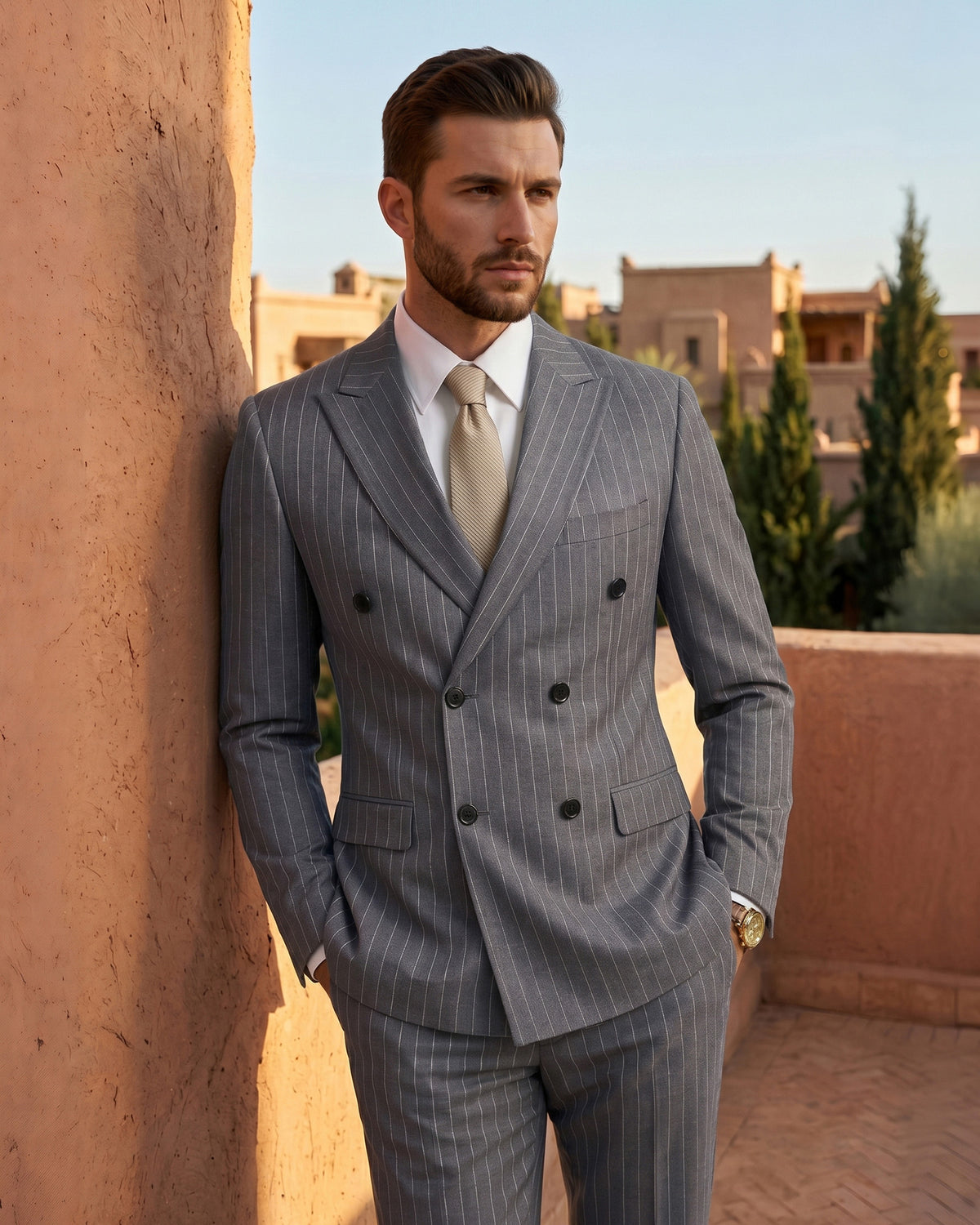 two-button suit jacket with a matching vest and pants