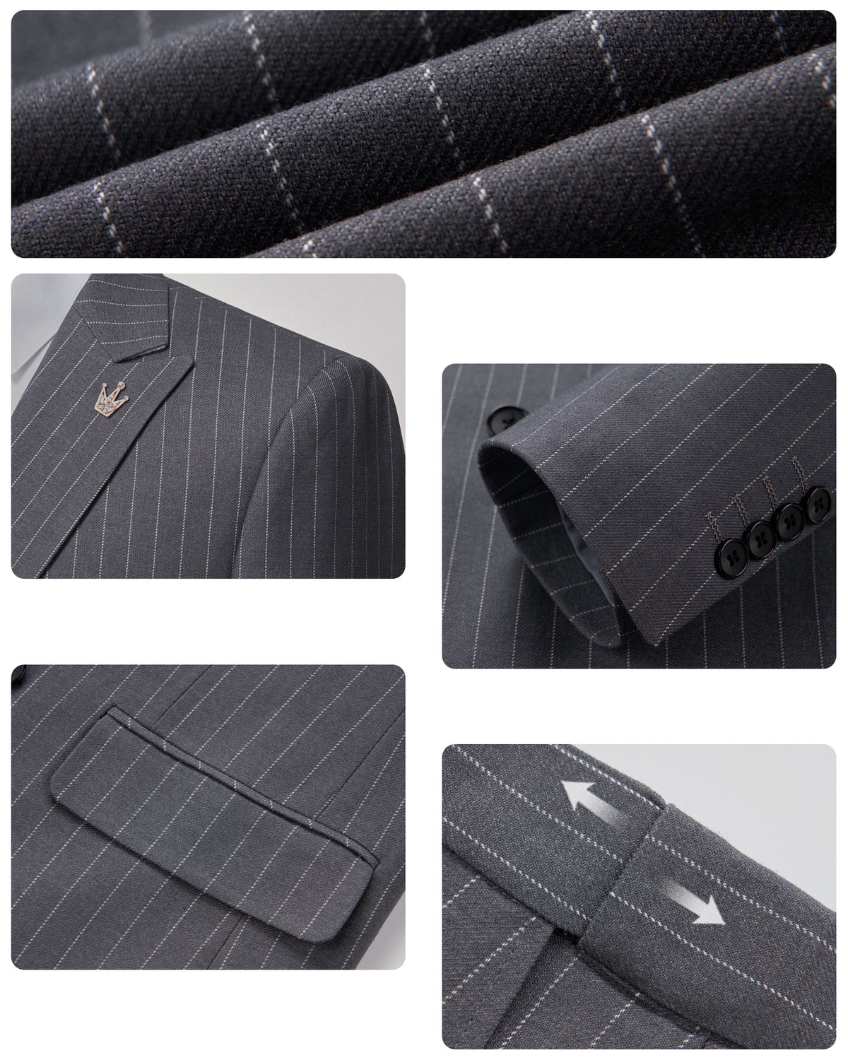 two-button suit jacket with a matching vest and pants